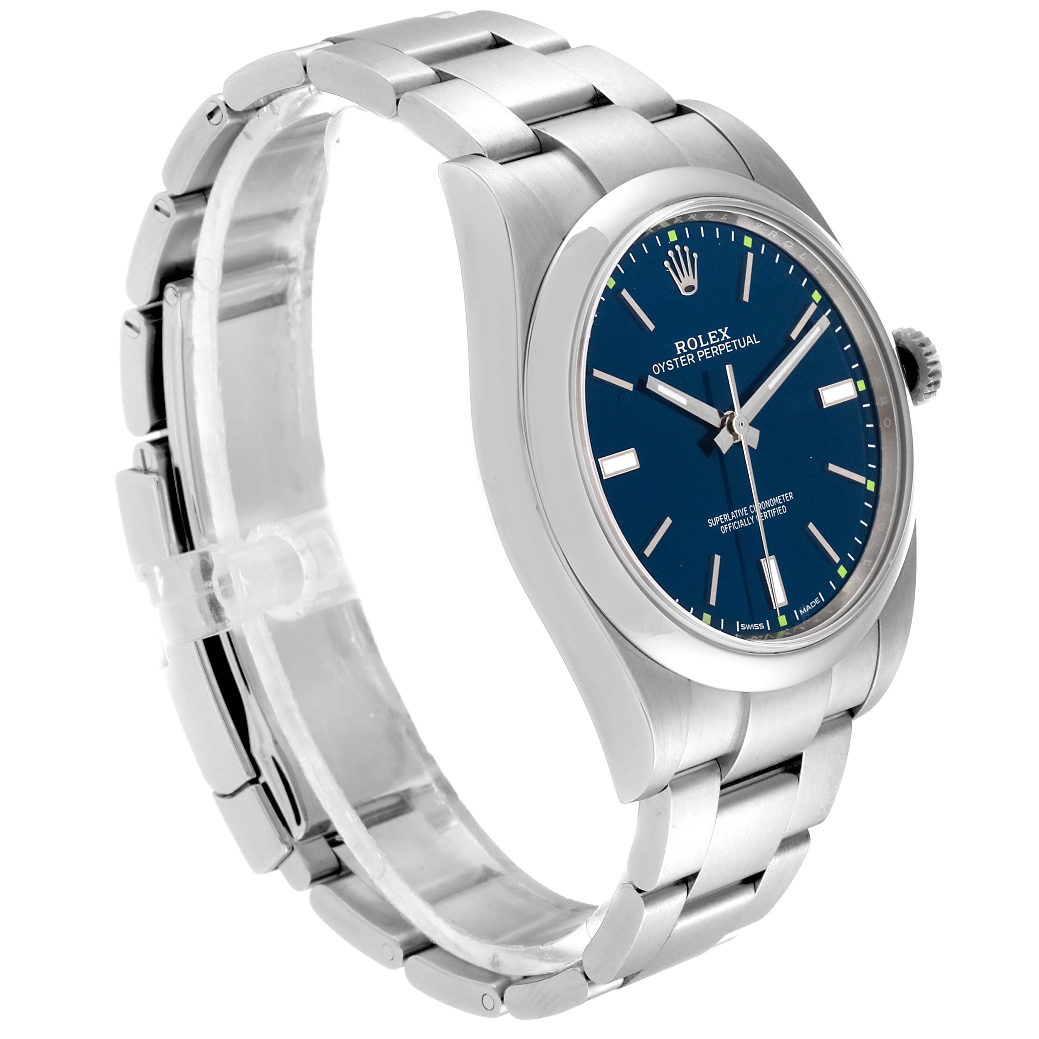 This image shows a side-angle view of the Rolex Oyster Perpetual 114300 Men's Stainless Steel Blue Dial 114300 Men's Stainless Steel Blue Dial watch, displaying its blue dial, stainless steel case, and bracelet.