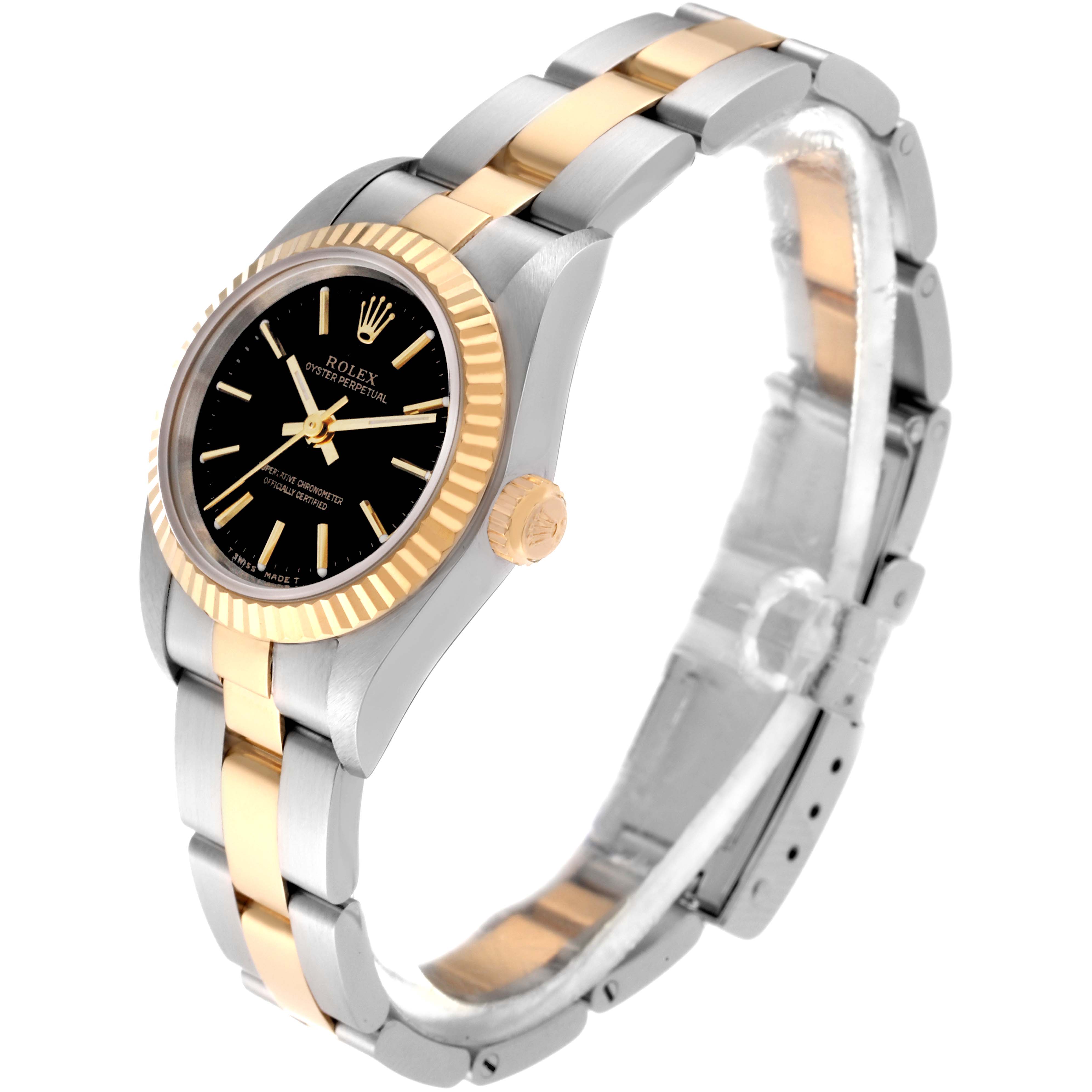 The Rolex Oyster Perpetual 76193 Women's Steel and Gold (two tone) Black Dial 76193 Women's Steel and Gold (two tone) Black Dial watch is shown at a slight angle, displaying its two-tone bracelet, black dial, and fluted bezel.