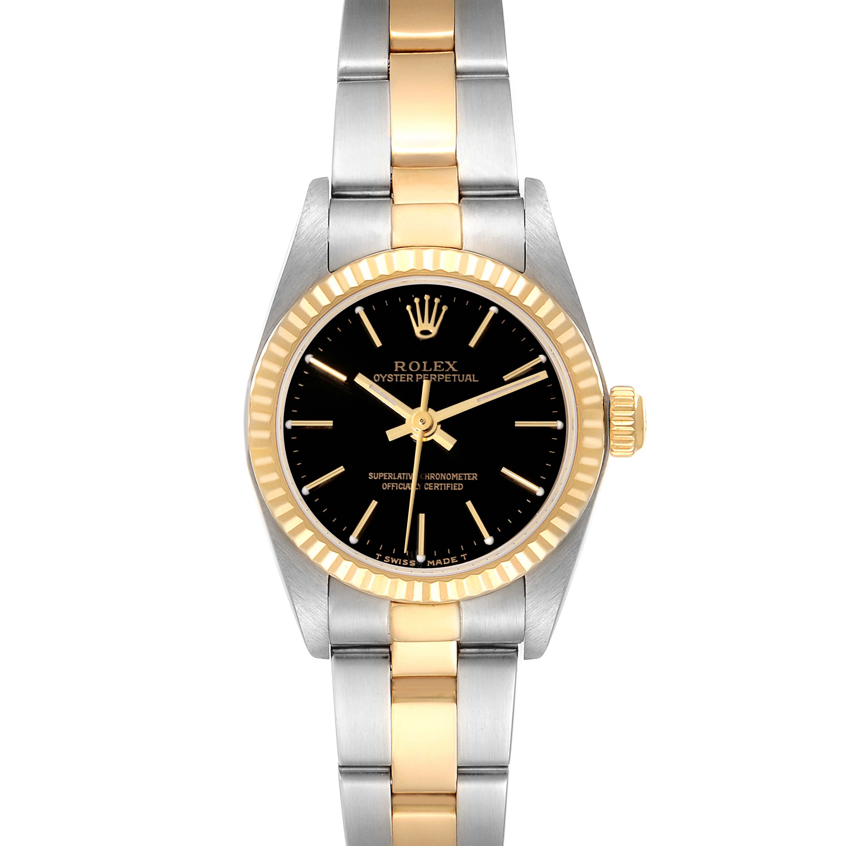 The Rolex Oyster Perpetual 76193 Women's Steel and Gold (two tone) Black Dial 76193 Women's Steel and Gold (two tone) Black Dial watch is shown from a front angle with a black dial, gold bezel, and a two-tone metal bracelet.