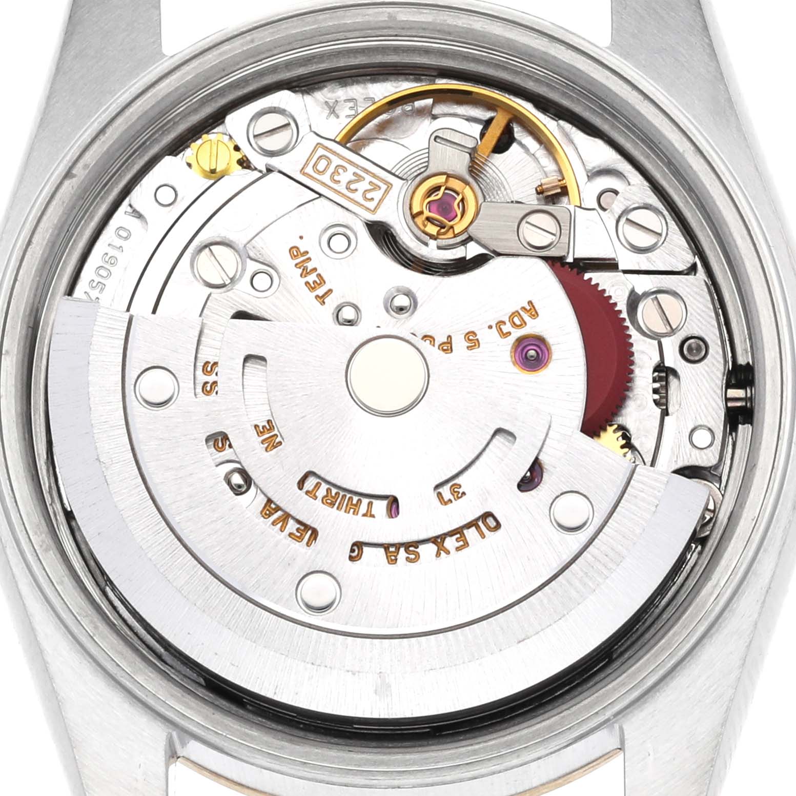 The image shows the movement of a Rolex Oyster Perpetual 76193 Women's Steel and Gold (two tone) Black Dial 76193 Women's Steel and Gold (two tone) Black Dial watch, viewed from the back with the case removed.