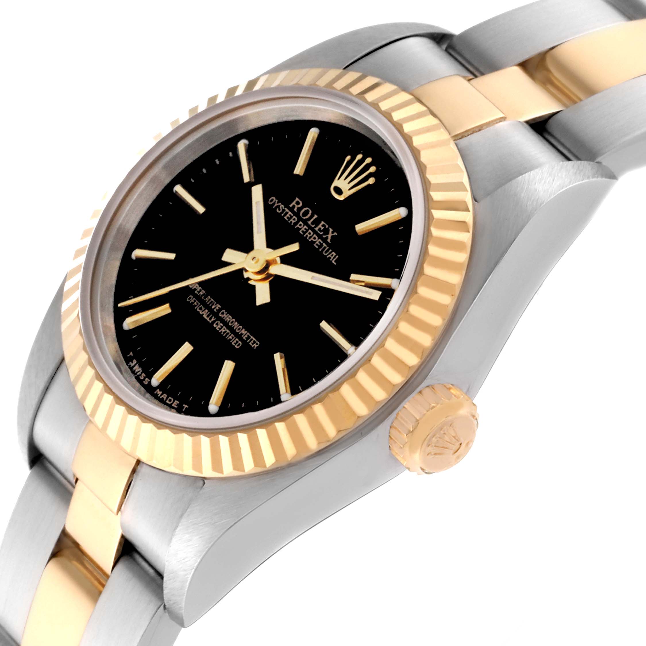 The image shows a close-up side angle of a Rolex Oyster Perpetual 76193 Women's Steel and Gold (two tone) Black Dial 76193 Women's Steel and Gold (two tone) Black Dial watch, highlighting the bezel, crown, and part of the bracelet.