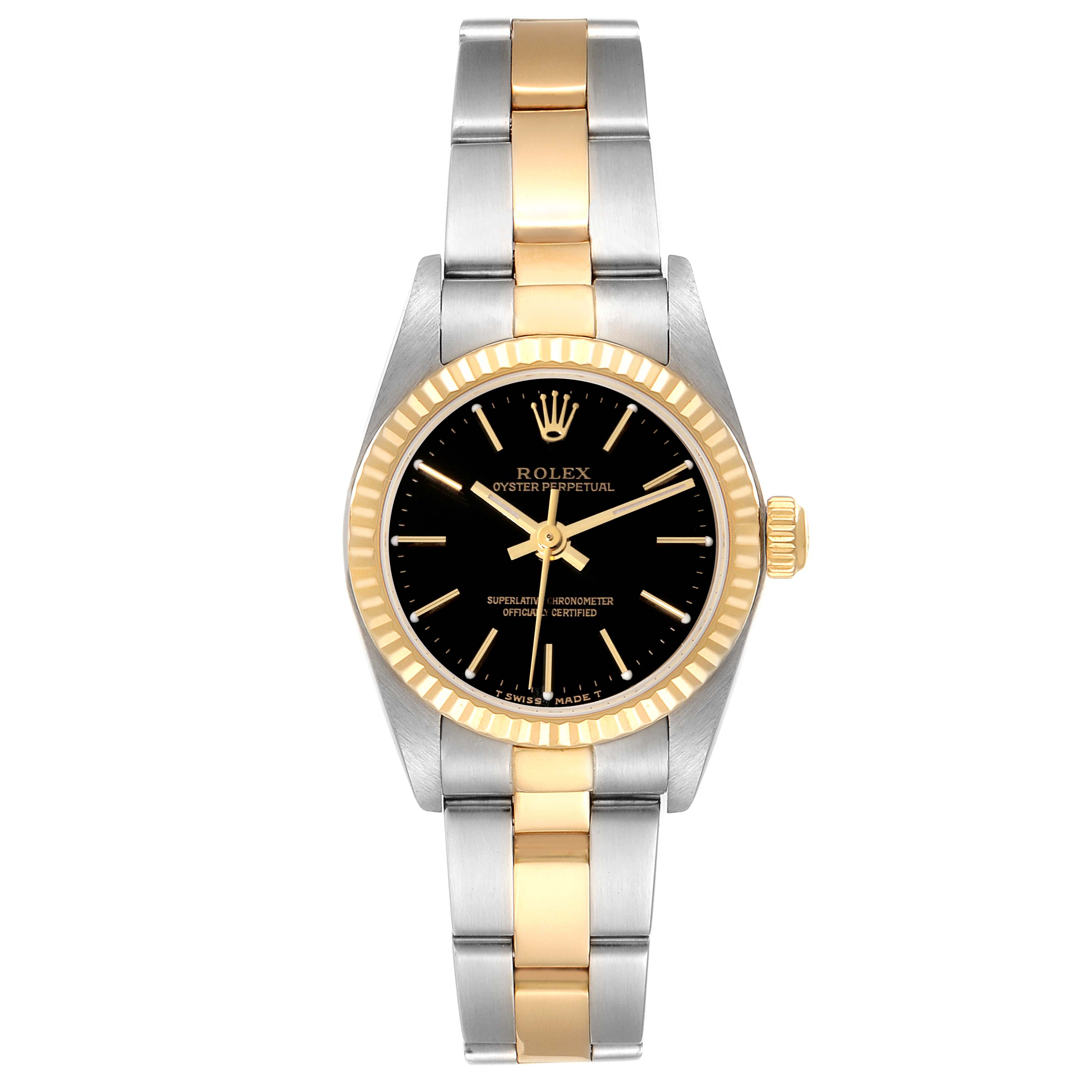 The Rolex Oyster Perpetual 76193 Women's Steel and Gold (two tone) Black Dial 76193 Women's Steel and Gold (two tone) Black Dial watch is shown from a front view, displaying the bracelet, dial, hands, and bezel.