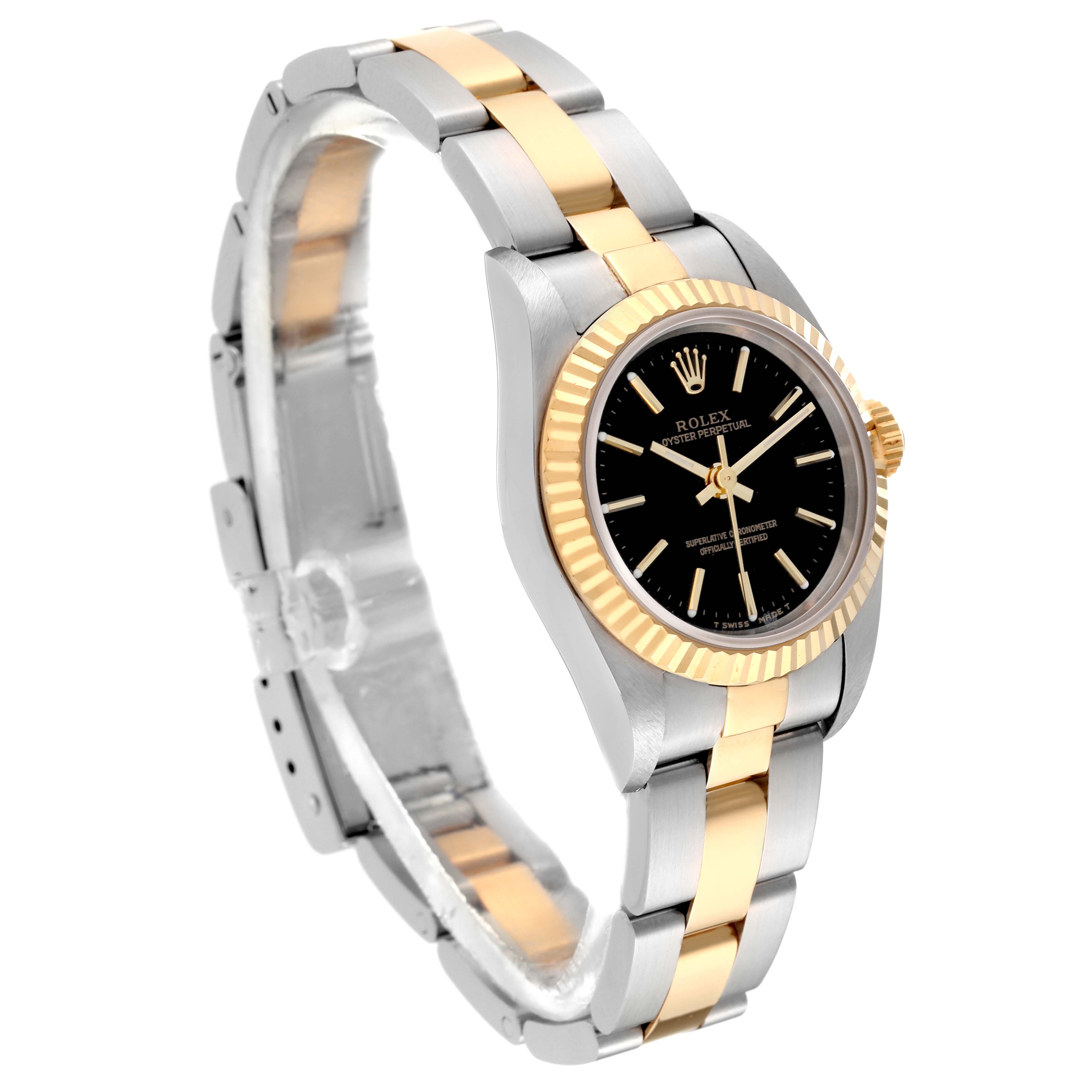 The image shows a Rolex Oyster Perpetual 76193 Women's Steel and Gold (two tone) Black Dial 76193 Women's Steel and Gold (two tone) Black Dial watch at a three-quarter angle, highlighting the bracelet, bezel, and dial.