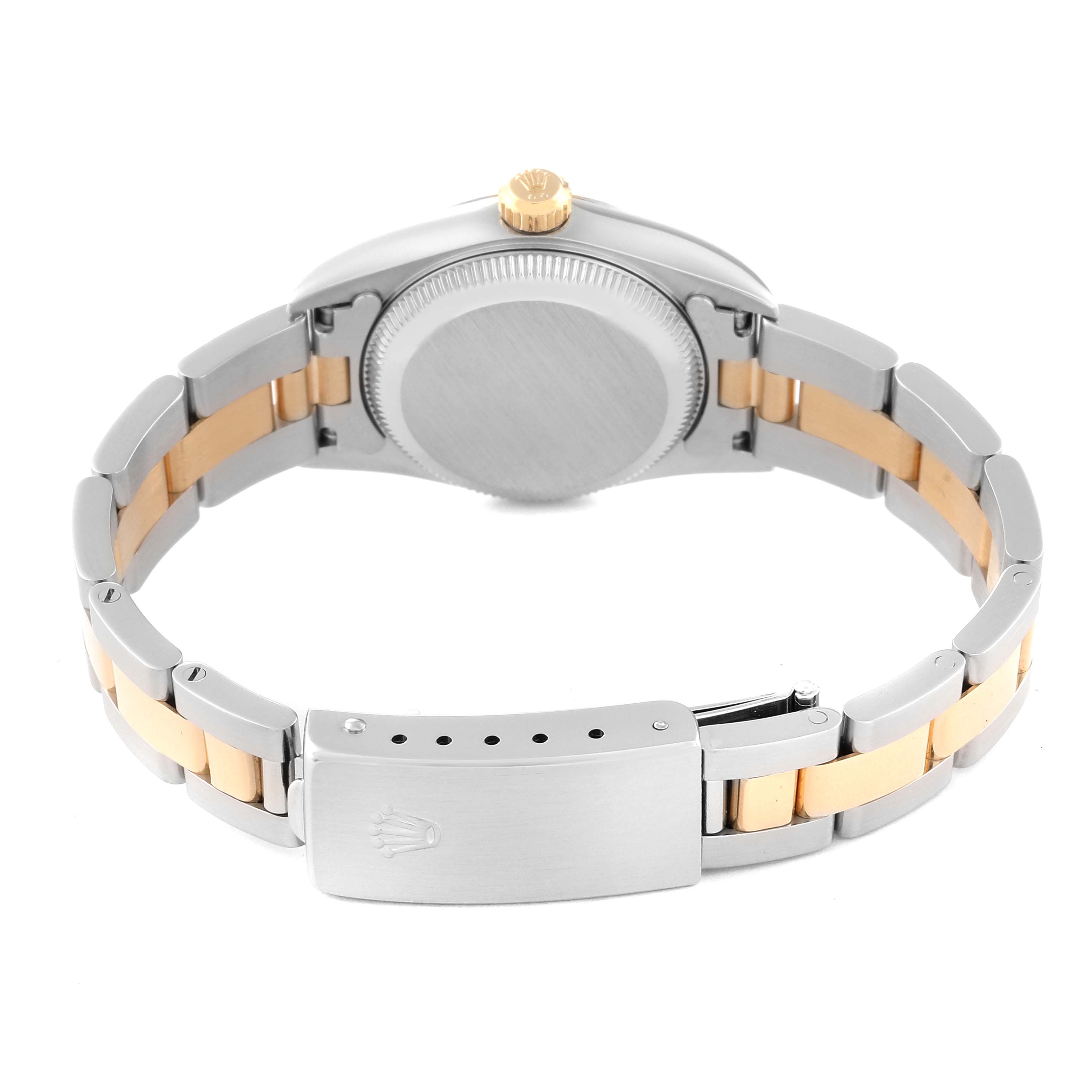 This image shows the back view of the Rolex Oyster Perpetual 76193 Women's Steel and Gold (two tone) Black Dial 76193 Women's Steel and Gold (two tone) Black Dial watch, highlighting its case back, bracelet, and clasp.