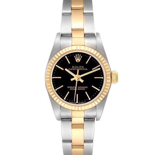 This image shows a front view of a Rolex Oyster Perpetual watch with a gold and silver bracelet and a black dial.