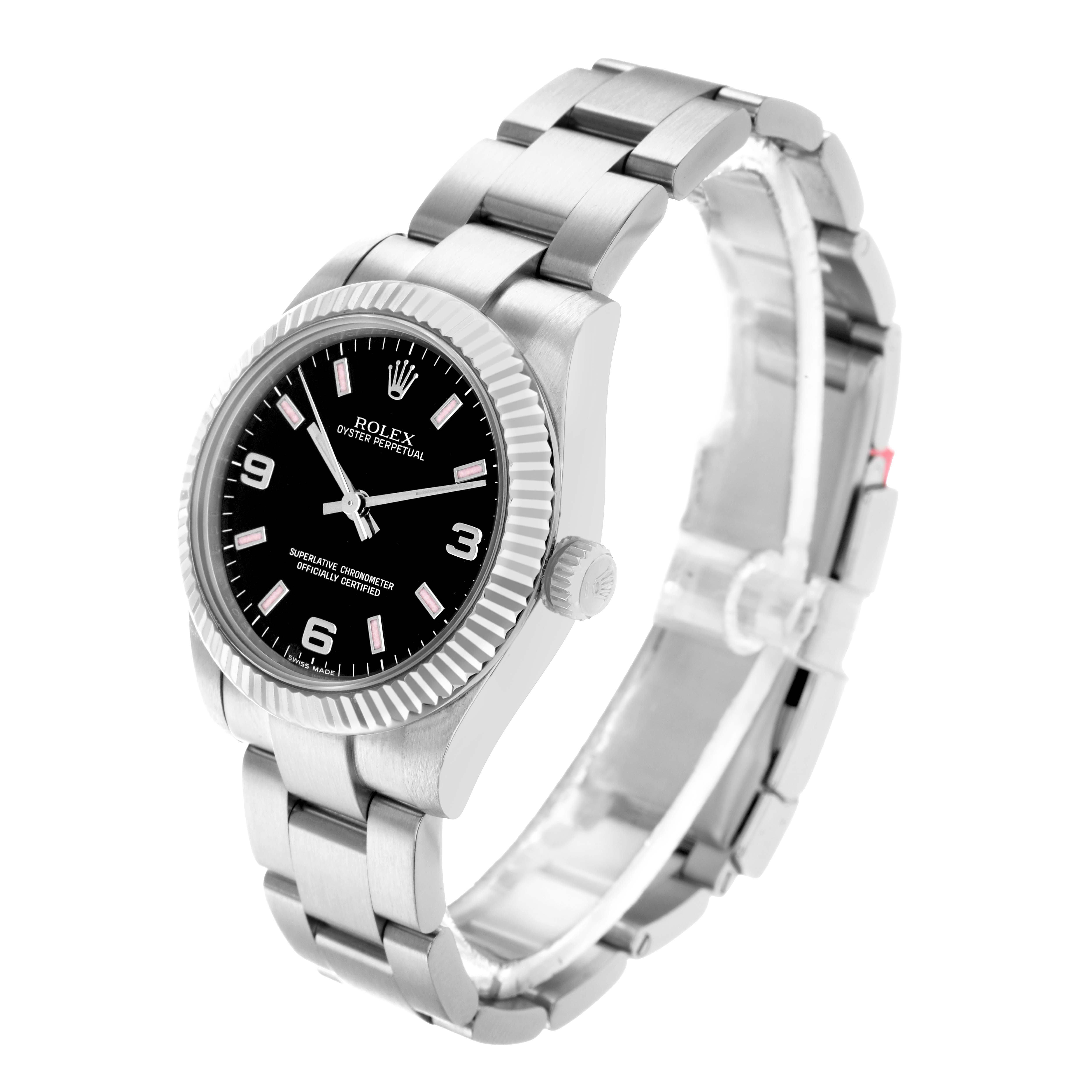 The Rolex Mid-Size 177234 Women
s Stainless Steel Black Dial model is shown at an angle displaying its face, bezel, crown, and part of the bracelet.