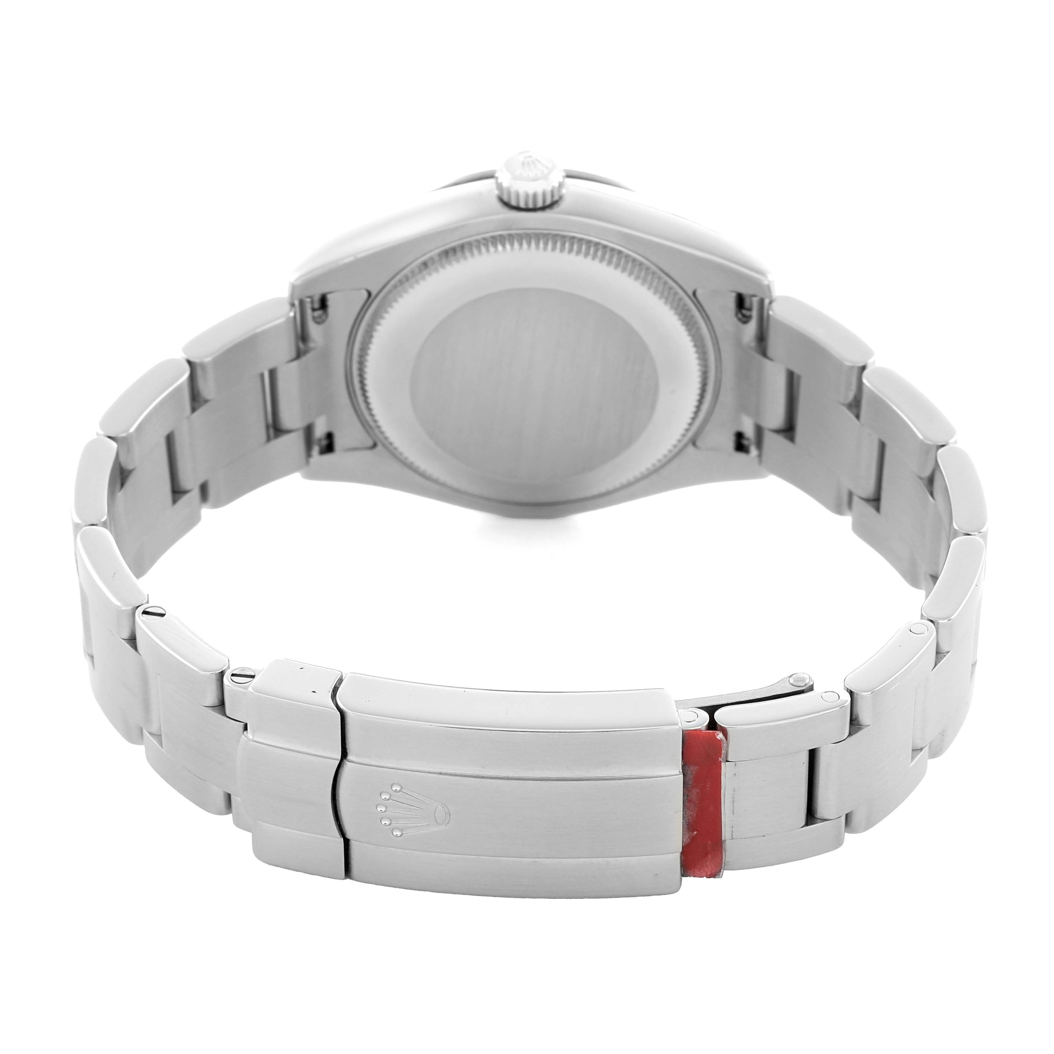 The image shows the back and bracelet of a Mid-Size Rolex watch, highlighting the clasp and case back.