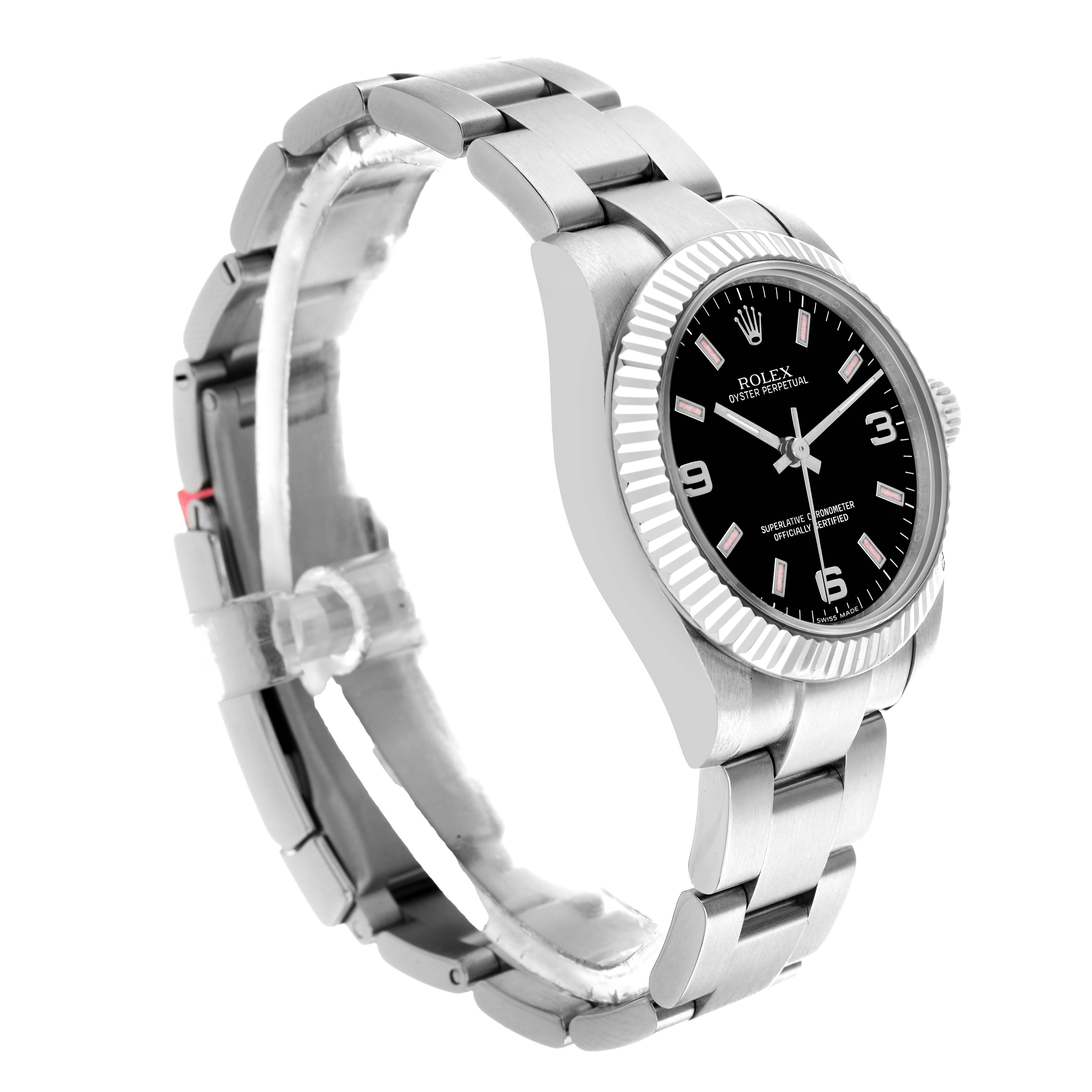 The Rolex Mid-Size 177234 Women
s Stainless Steel Black Dial watch is displayed in a three-quarter side angle showing the face, bezel, and part of the bracelet.