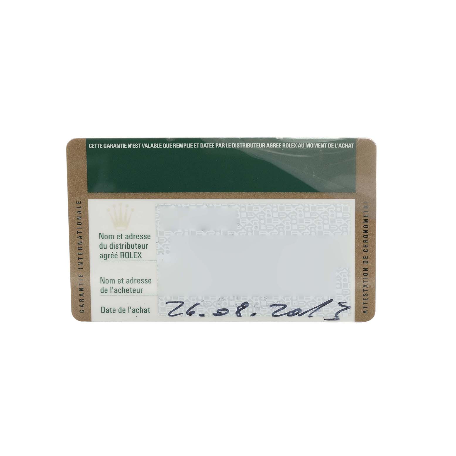 The image shows a Rolex warranty card for a Mid-Size model, displaying dealer and purchase details.