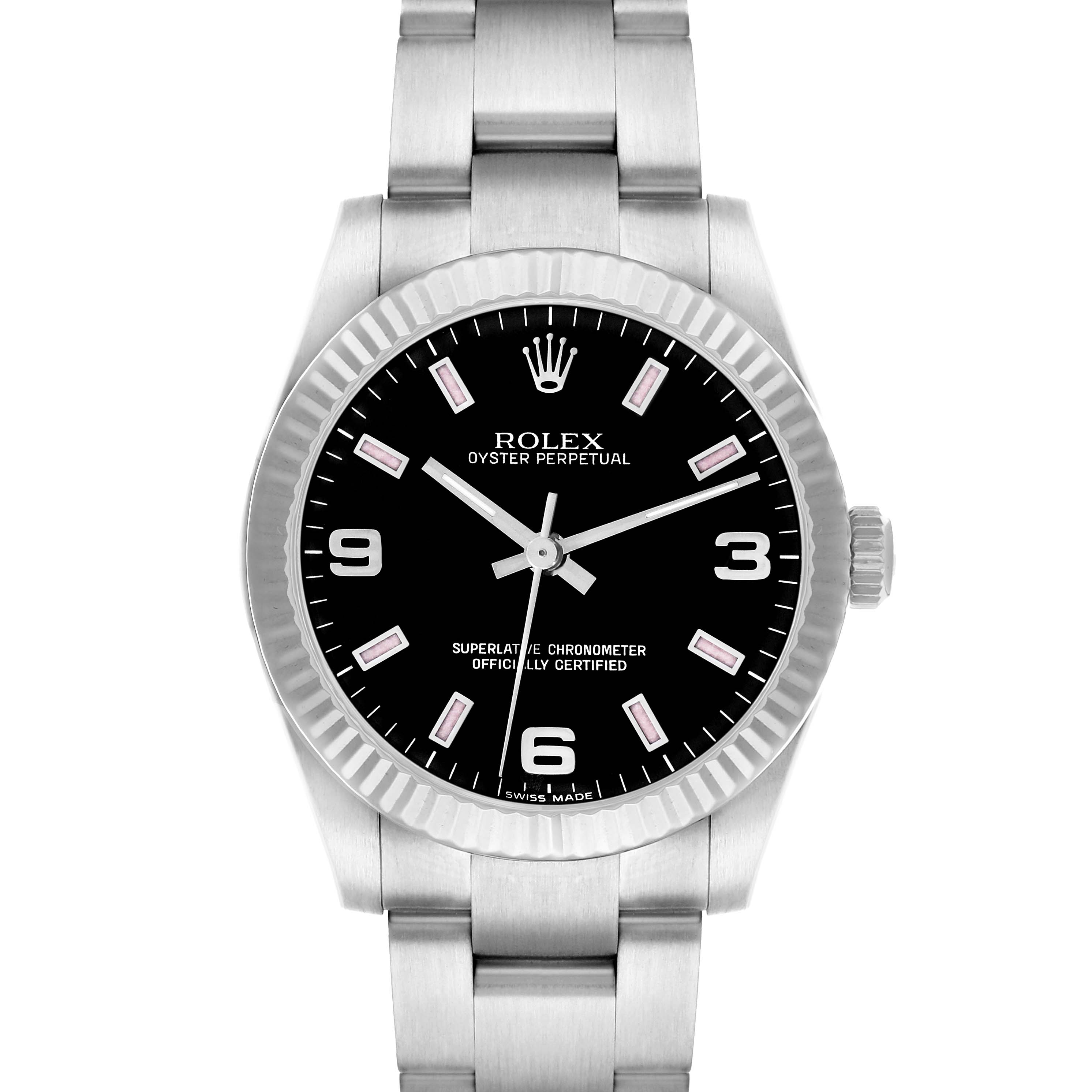 The Rolex Oyster Perpetual watch is shown from the front, highlighting its face, bezel, and part of the bracelet.