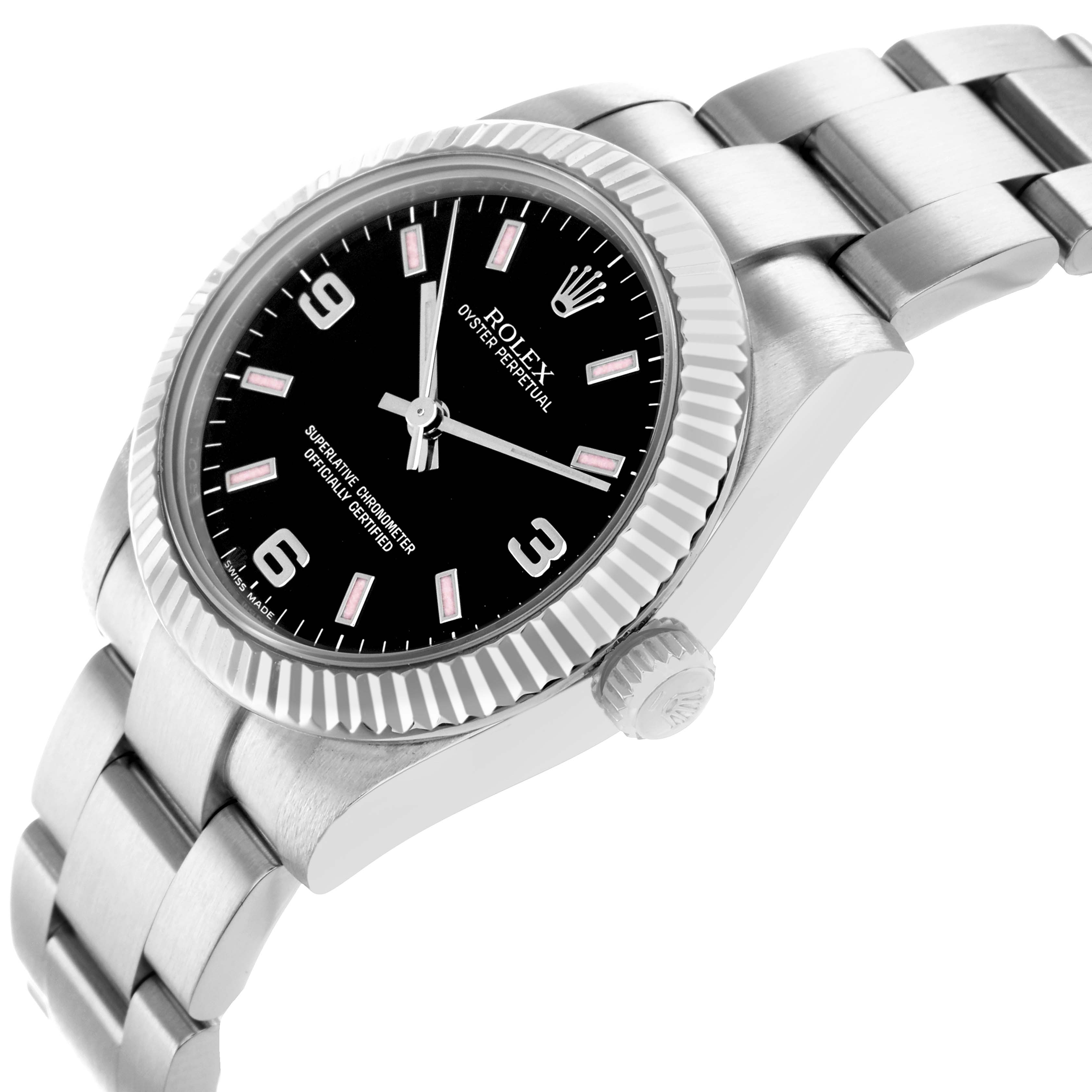 The Rolex Mid-Size 177234 Women
s Stainless Steel Black Dial watch is shown at a three-quarter angle displaying the black dial, fluted bezel, crown, and bracelet links.