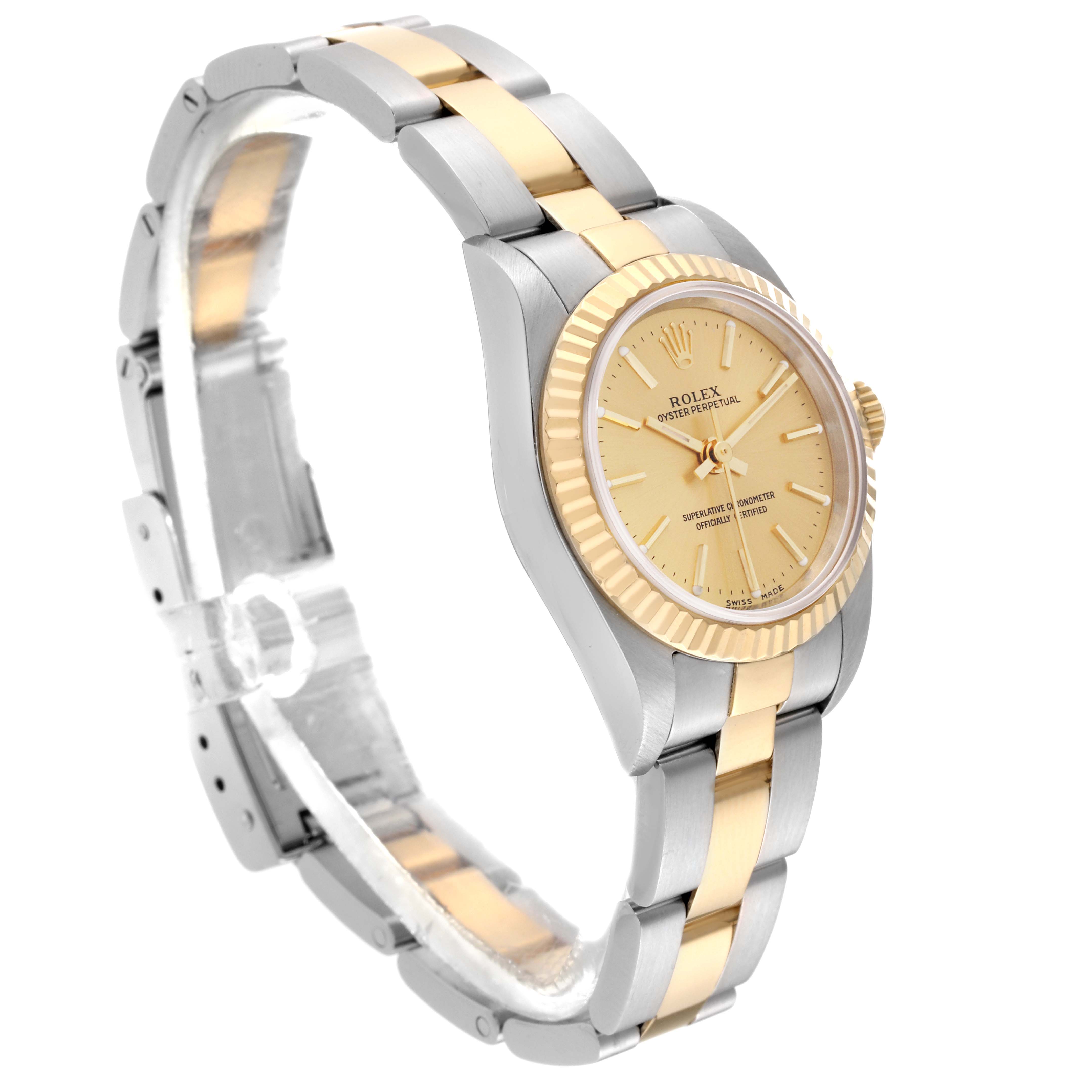 The image shows a side angle of a Rolex Oyster Perpetual 76193 Women's Steel and Gold (two tone) Champagne Dial 76193 Women's Steel and Gold (two tone) Champagne Dial watch, highlighting the bracelet and face.