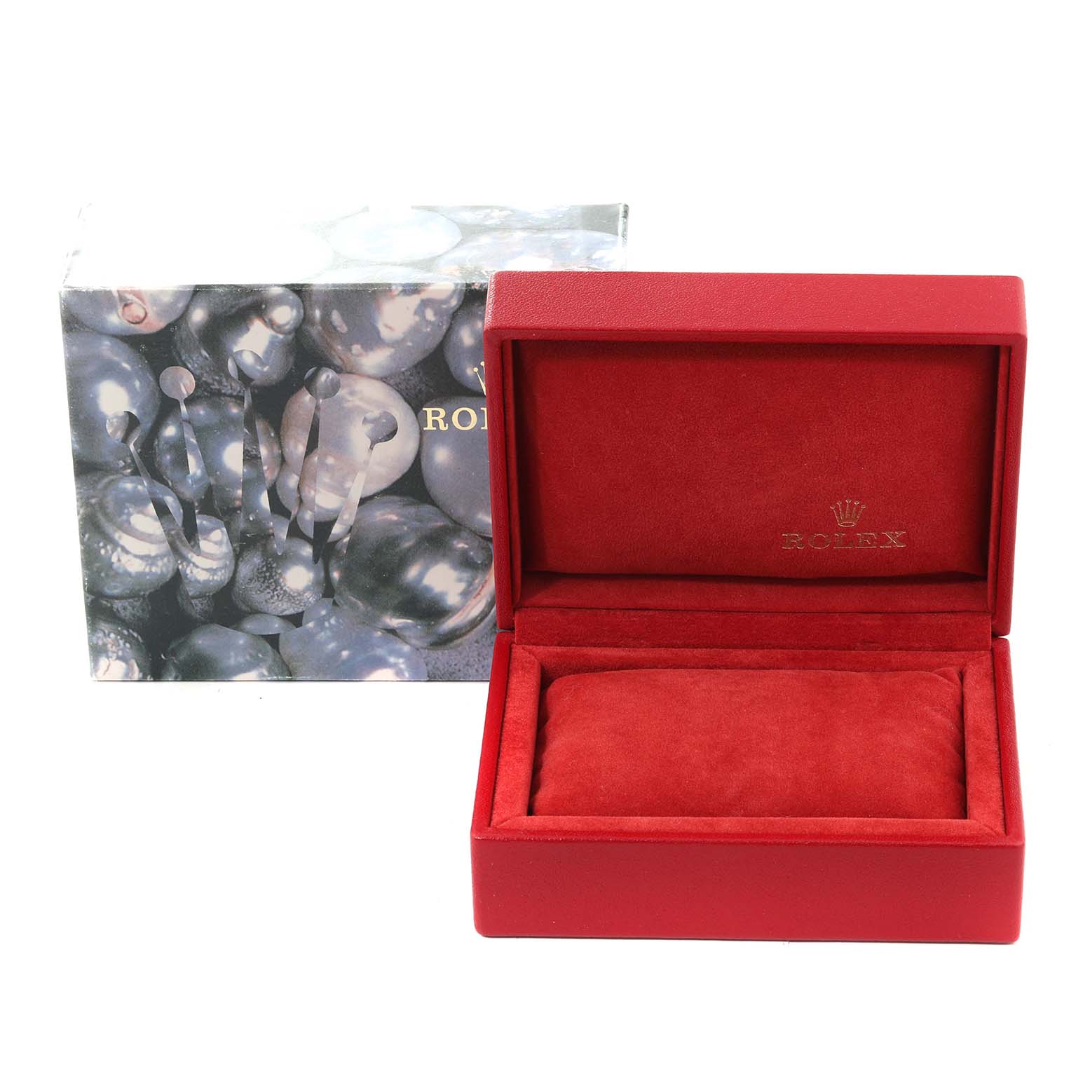 This image shows an open red Rolex watch box and an outer box with a pearl design, for the Rolex Oyster Perpetual 76193 Women's Steel and Gold (two tone) Champagne Dial 76193 Women's Steel and Gold (two tone) Champagne Dial model.