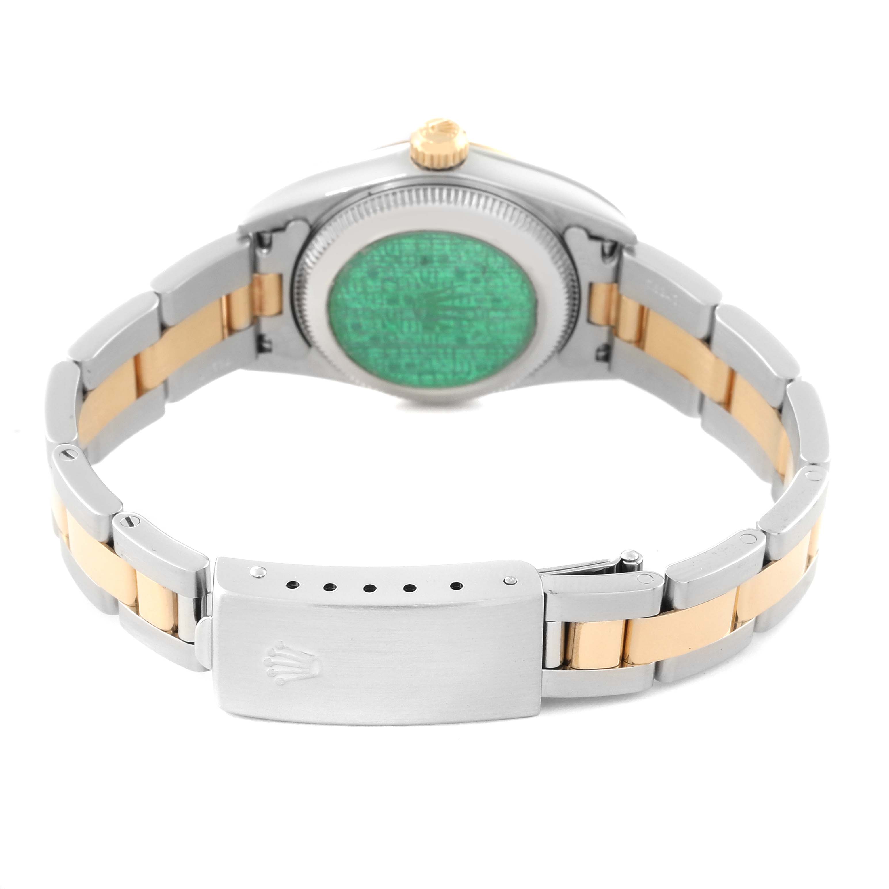 The image shows the back view of the Rolex Oyster Perpetual 76193 Women's Steel and Gold (two tone) Champagne Dial 76193 Women's Steel and Gold (two tone) Champagne Dial watch, highlighting its bracelet and clasp.