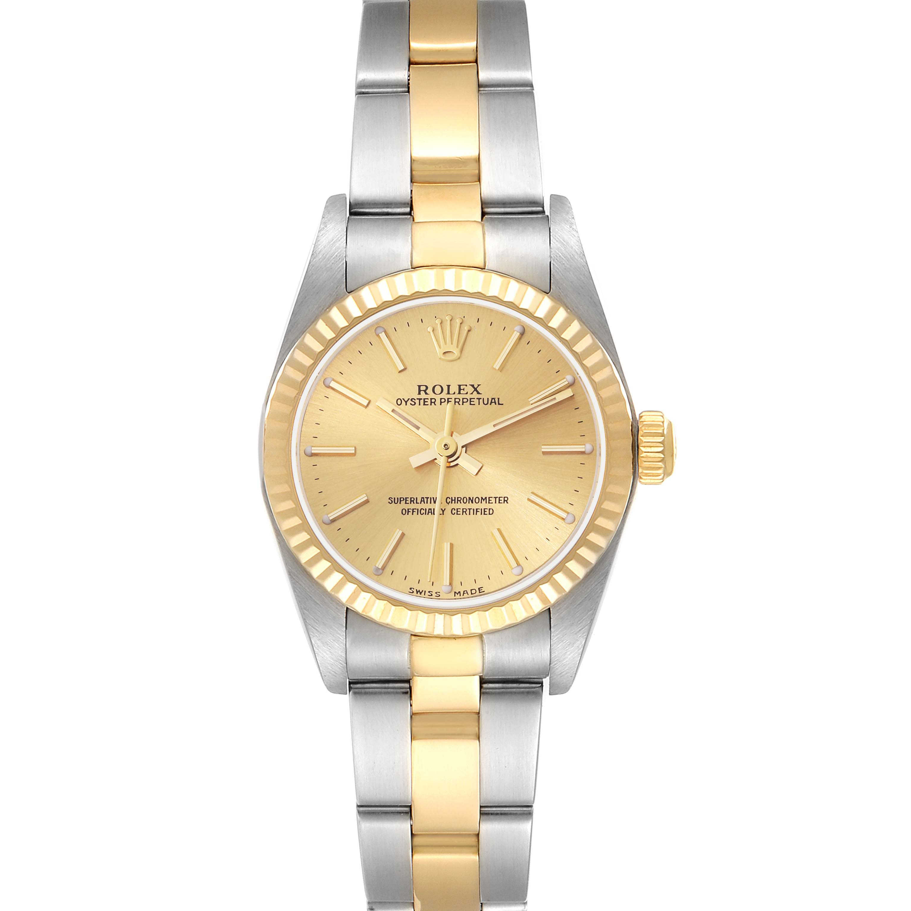 This is a frontal view of a Rolex Oyster Perpetual 76193 Women's Steel and Gold (two tone) Champagne Dial 76193 Women's Steel and Gold (two tone) Champagne Dial watch showcasing its dial, bezel, case, and bi-color bracelet.