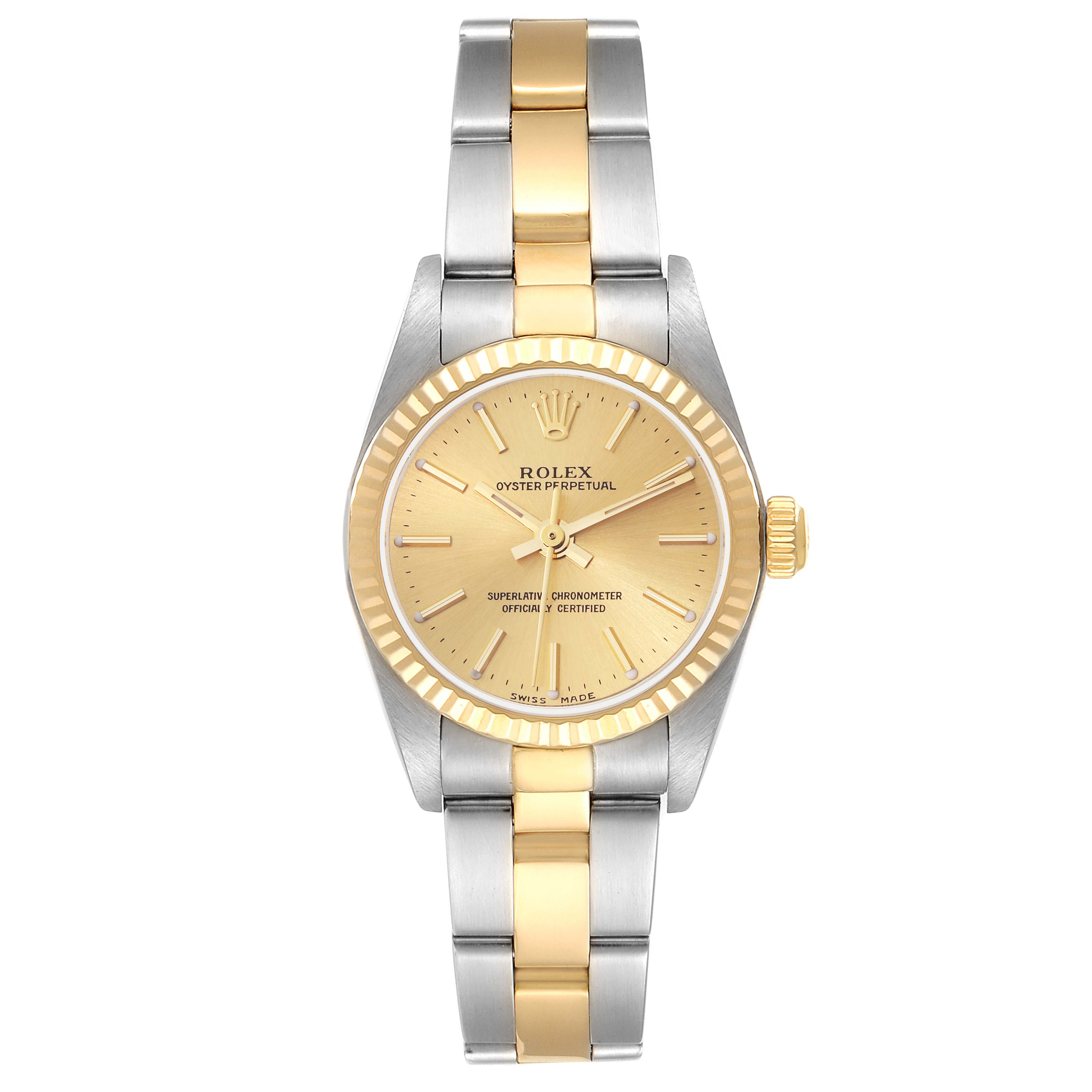 The Rolex Oyster Perpetual 76193 Women's Steel and Gold (two tone) Champagne Dial 76193 Women's Steel and Gold (two tone) Champagne Dial watch is shown at a straight-on angle, displaying its gold dial and two-tone bracelet.