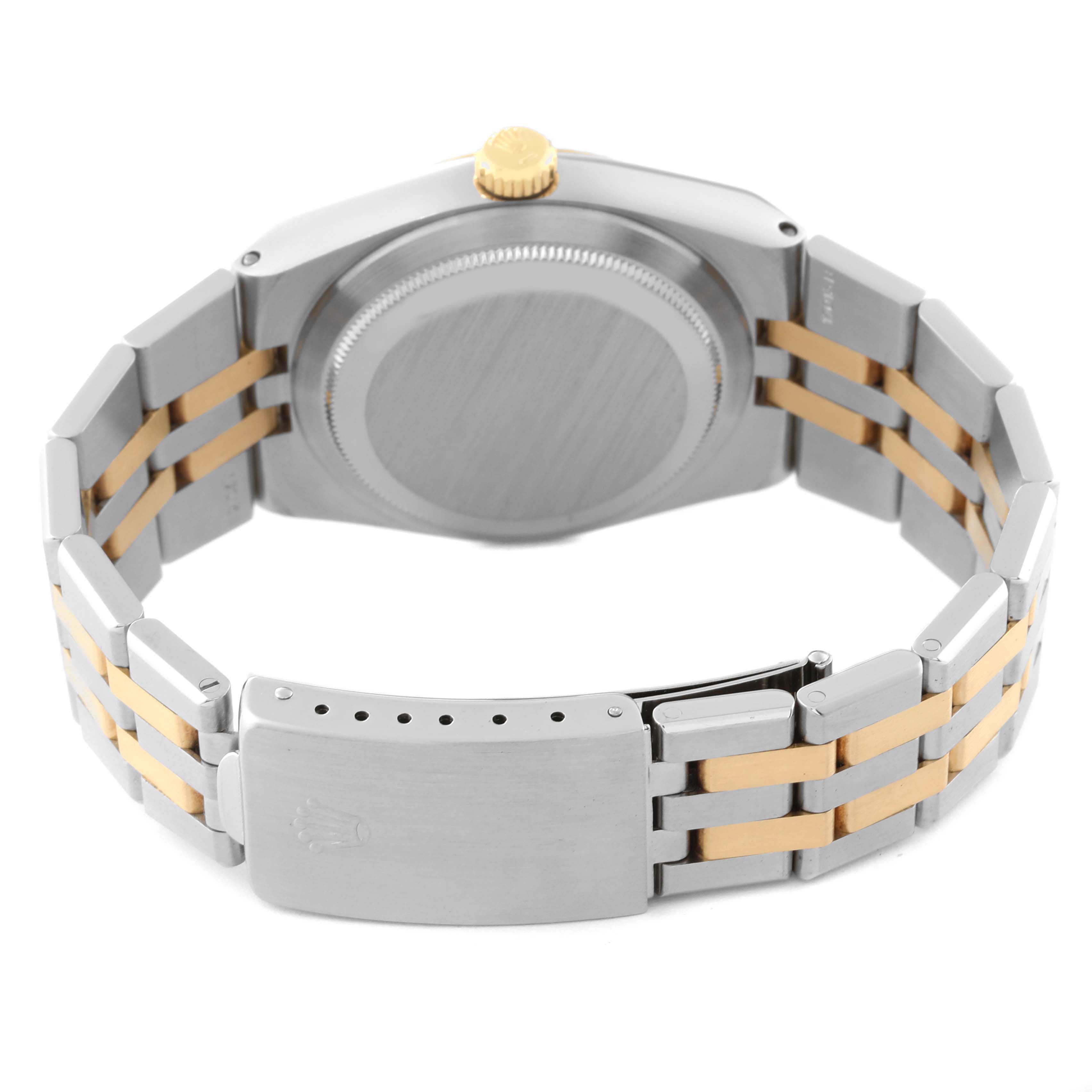 The image shows the back and clasp of the Rolex Oysterquartz 17013 Men
s Steel and Gold (two tone) Black Dial 17013 Men
s Steel and Gold (two tone) Black Dial watch, highlighting the bracelet and case back.