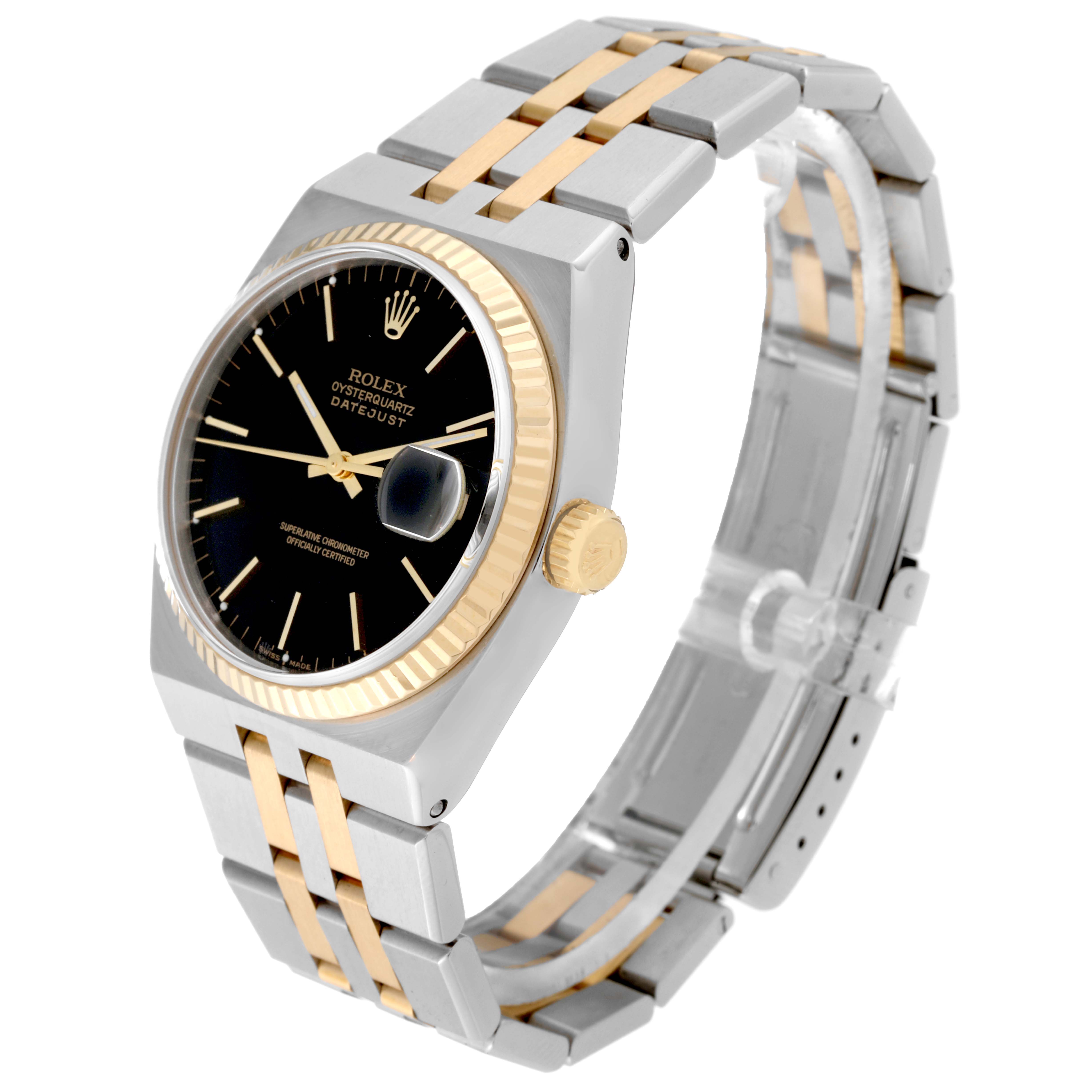 The image shows a side angle of a Rolex Oysterquartz 17013 Men
s Steel and Gold (two tone) Black Dial 17013 Men
s Steel and Gold (two tone) Black Dial watch with a stainless steel and gold bracelet, black dial, and fluted bezel.