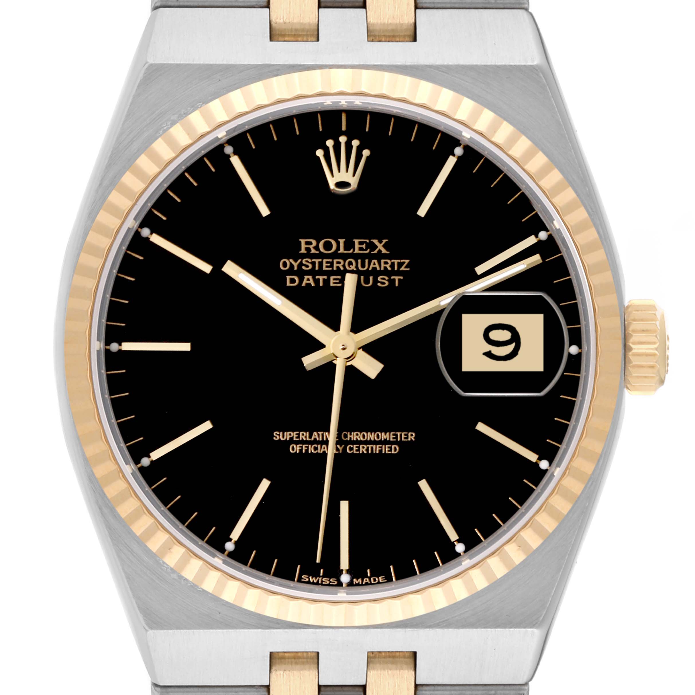The image displays a close-up of the Rolex Oysterquartz 17013 Men
s Steel and Gold (two tone) Black Dial 17013 Men
s Steel and Gold (two tone) Black Dial Datejust watch face and bezel at a straight-on angle.