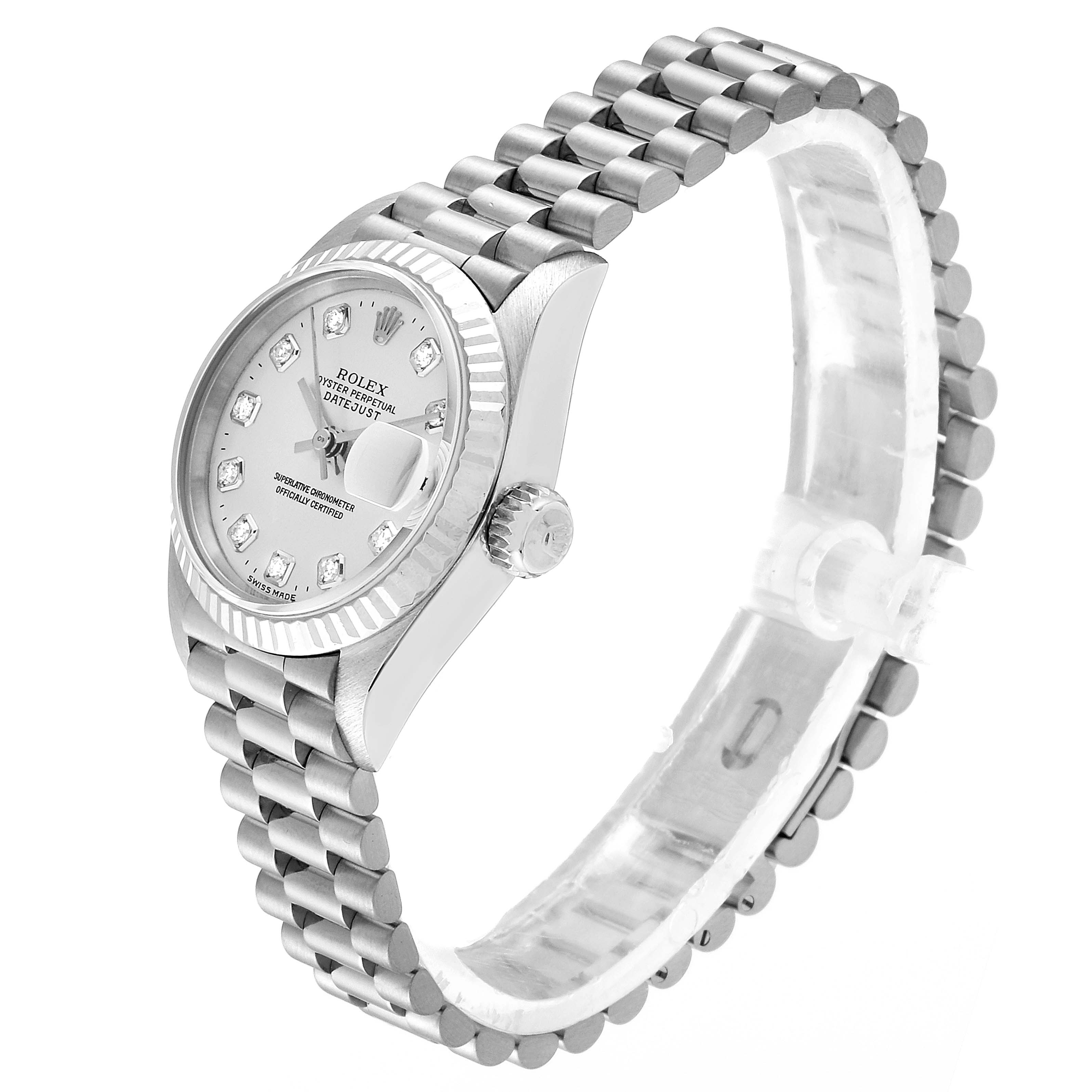 The image shows a side profile of the Rolex President 69179 Women
s White Gold Silver Dial 69179 Women
s White Gold Silver Dial model watch, highlighting its dial, bezel, crown, and bracelet.