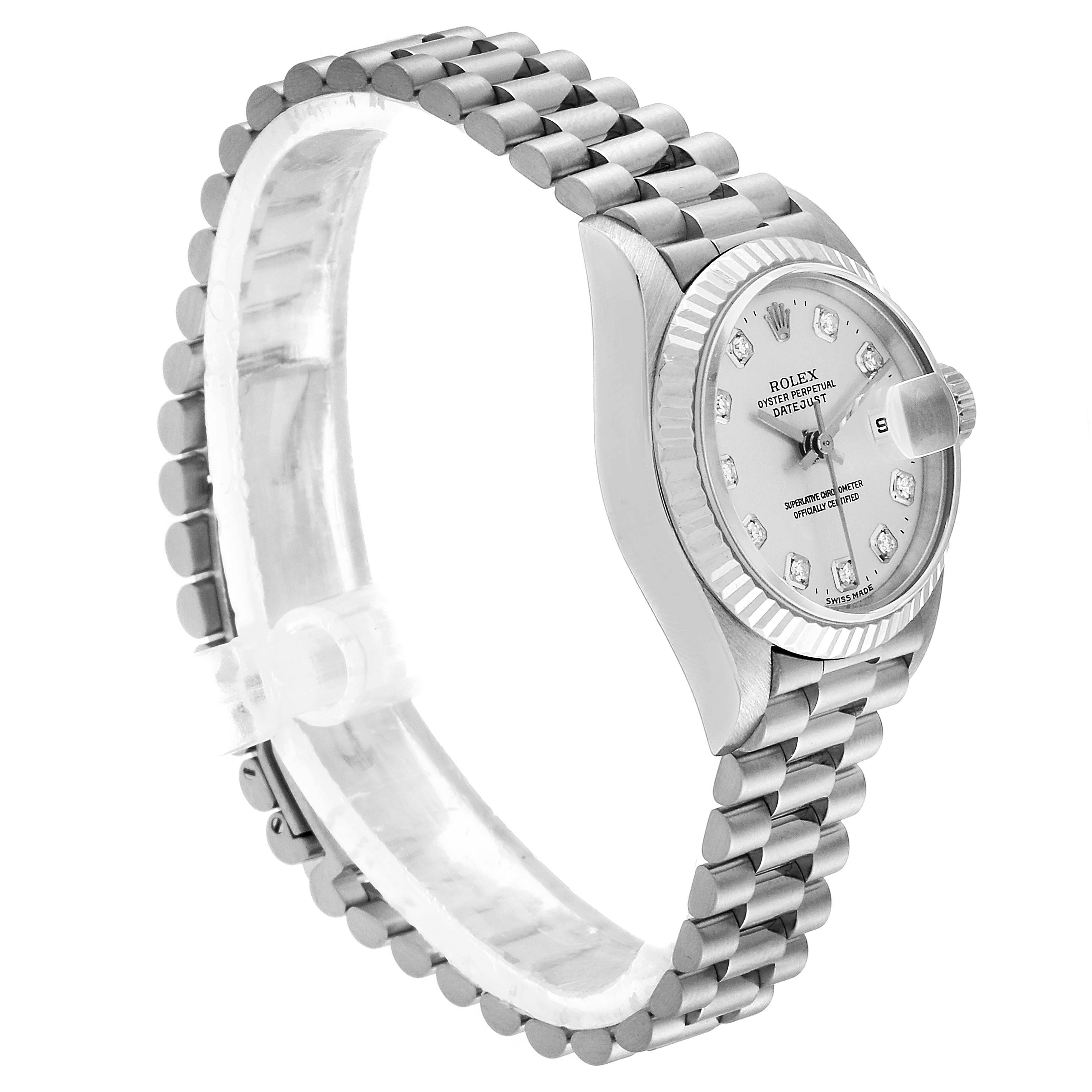 This side view of the Rolex President 69179 Women
s White Gold Silver Dial 69179 Women
s White Gold Silver Dial model showcases the watch
s silver dial, fluted bezel, and President bracelet.