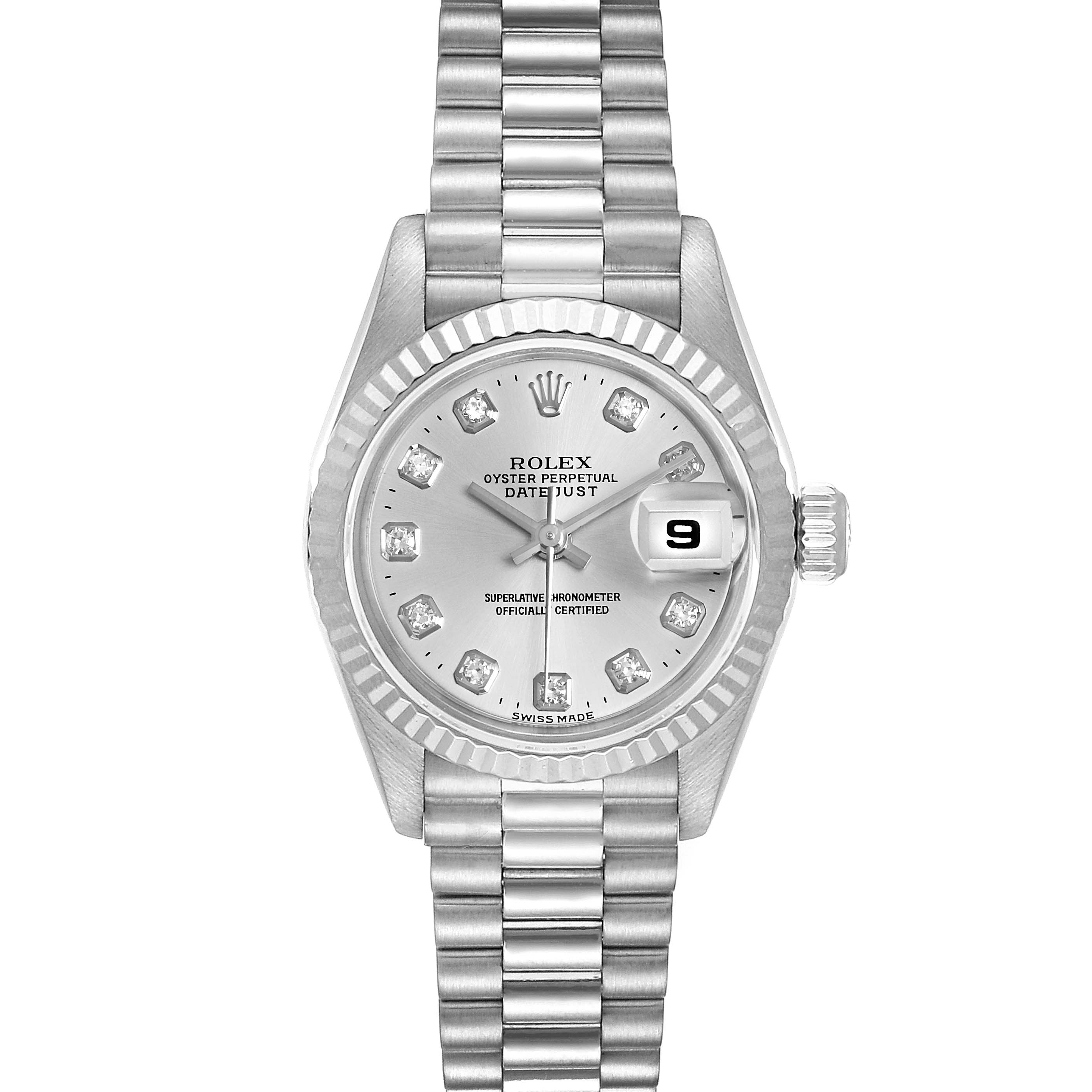 The Rolex President 69179 Women
s White Gold Silver Dial 69179 Women
s White Gold Silver Dial model watch is shown from a top view, featuring its dial, bracelet, and fluted bezel.