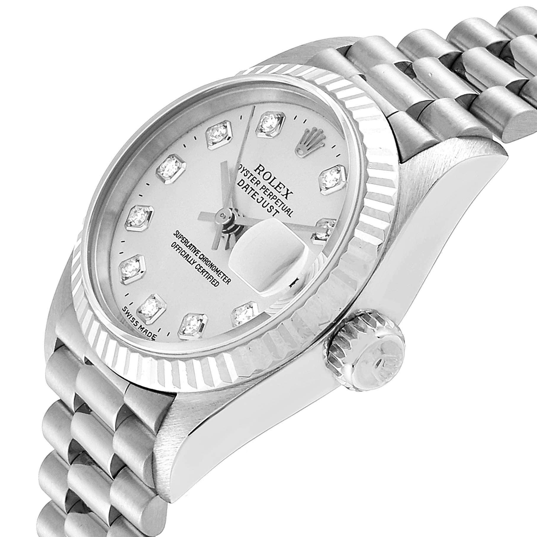 The Rolex President 69179 Women
s White Gold Silver Dial 69179 Women
s White Gold Silver Dial model watch is shown from a three-quarter angle, highlighting the dial, bezel, and part of the bracelet.