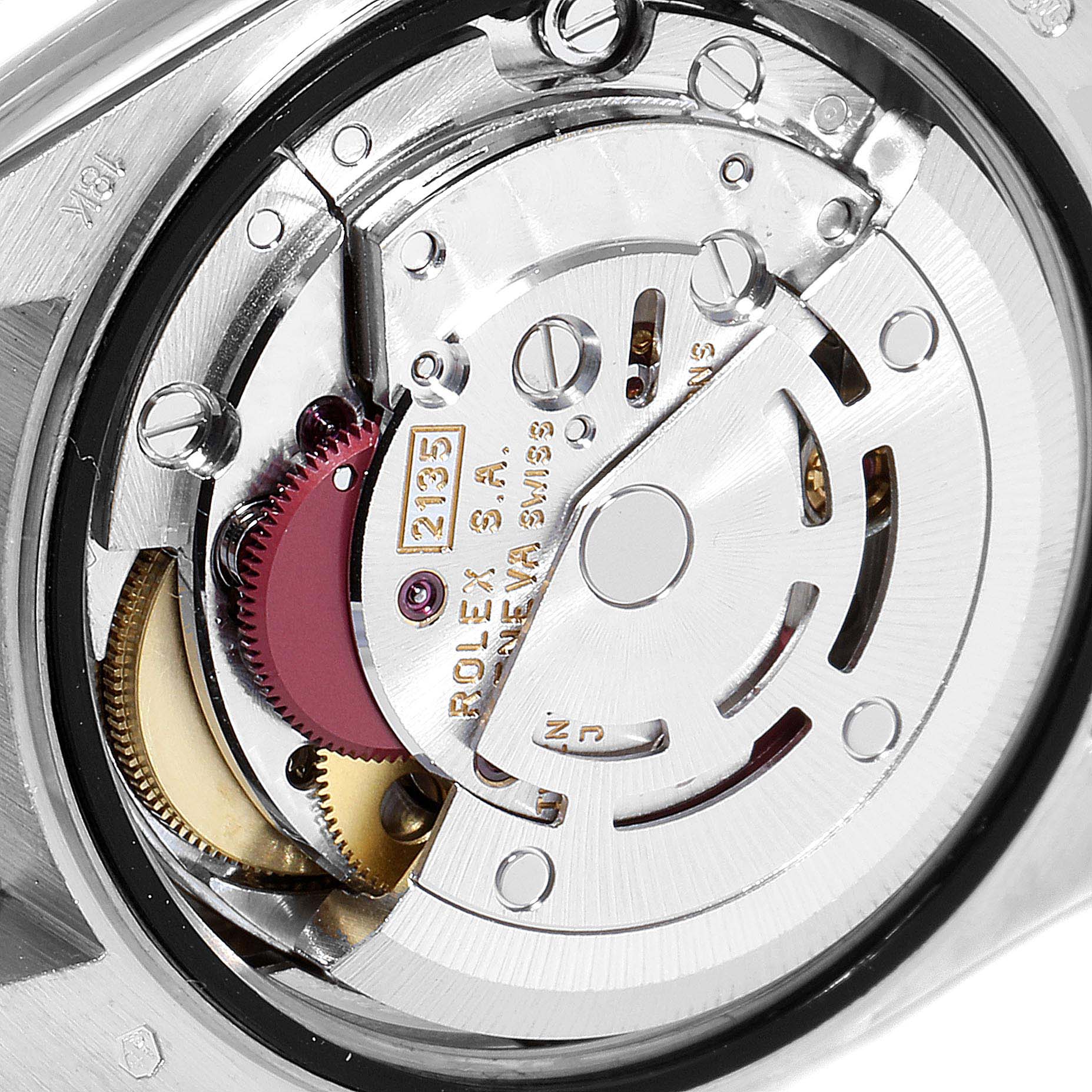 The image shows the inner mechanical parts of a Rolex President 69179 Women
s White Gold Silver Dial 69179 Women
s White Gold Silver Dial model watch viewed from the back.