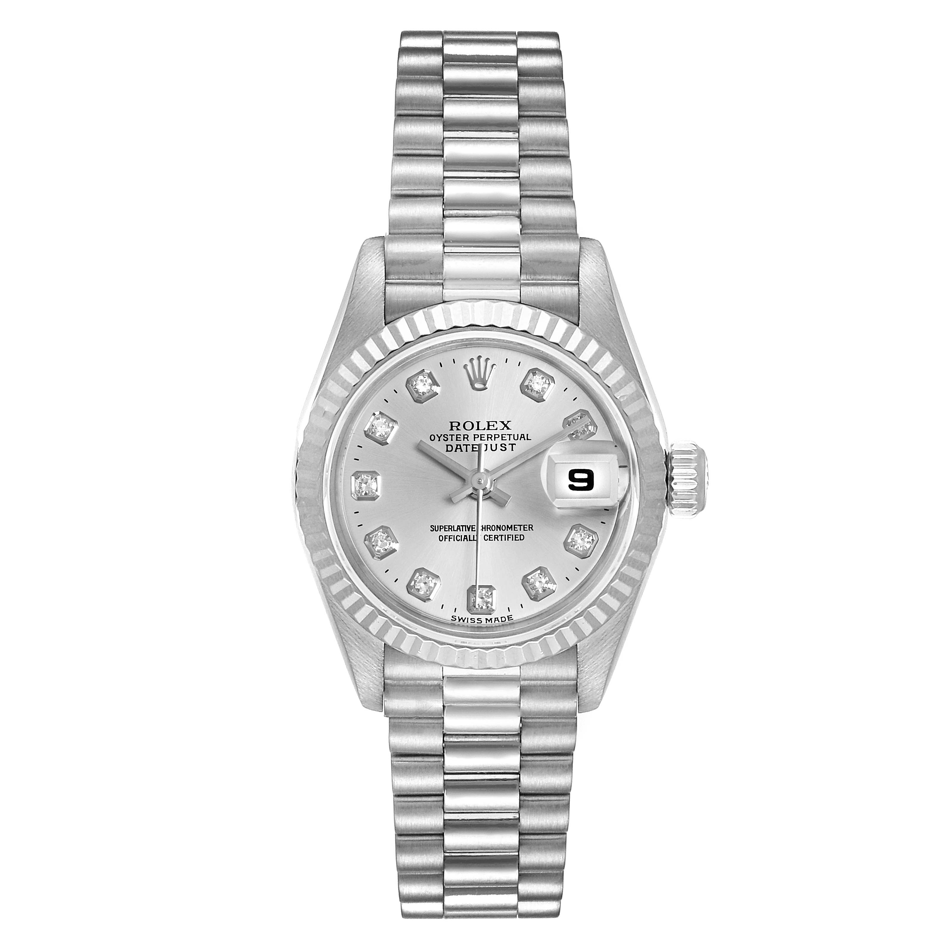 This image shows a front view of a Rolex President 69179 Women
s White Gold Silver Dial 69179 Women
s White Gold Silver Dial model watch, detailing its bracelet, dial, and date window.