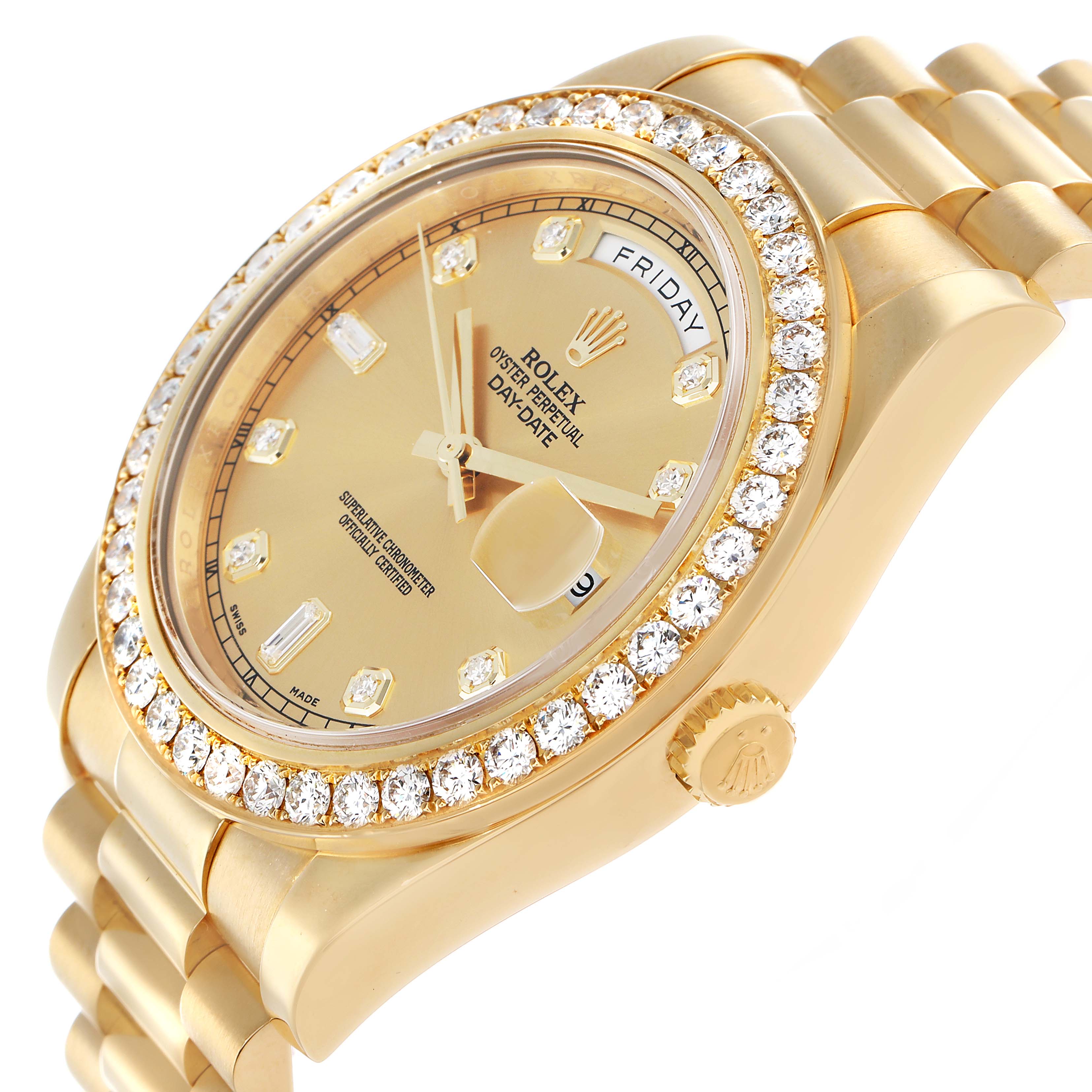 The Rolex President 218348 Men
s Yellow Gold Champagne Dial model is shown from a front-side angle, highlighting its gold bracelet, diamond bezel, and dial.