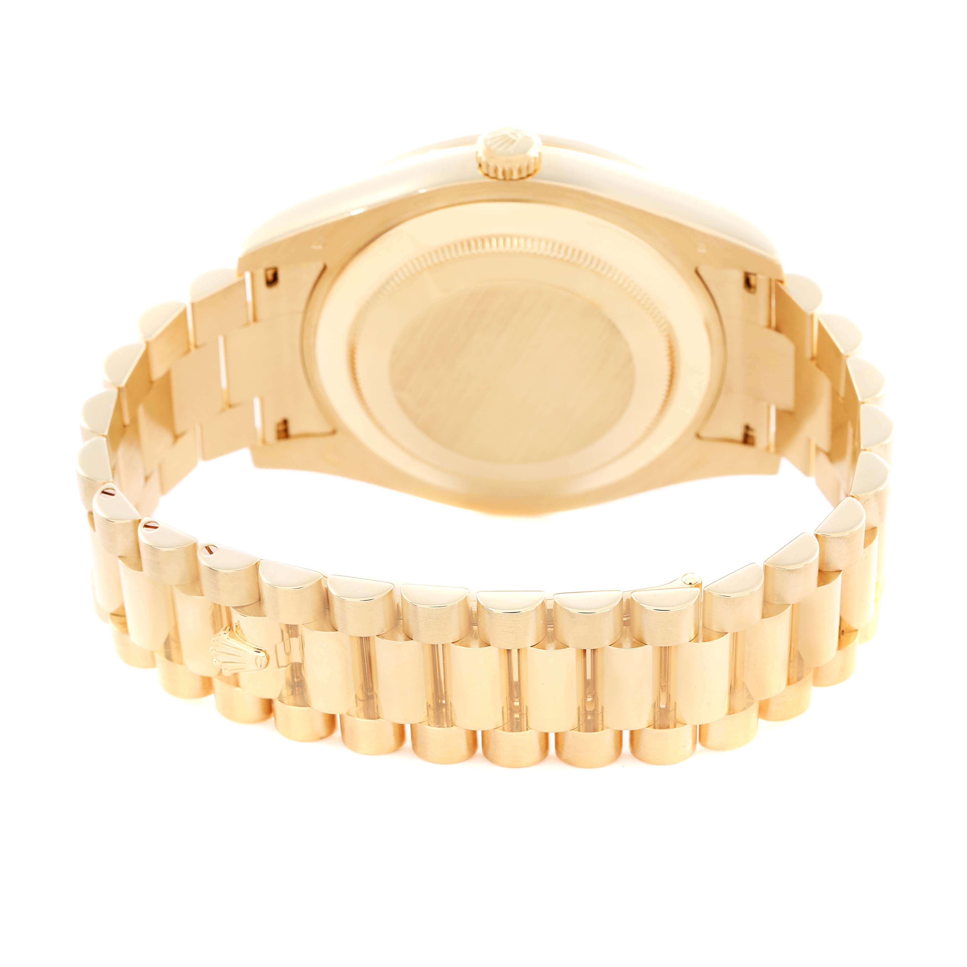 The image shows the back and bracelet of a Rolex President 218348 Men
s Yellow Gold Champagne Dial watch from a rear angle.