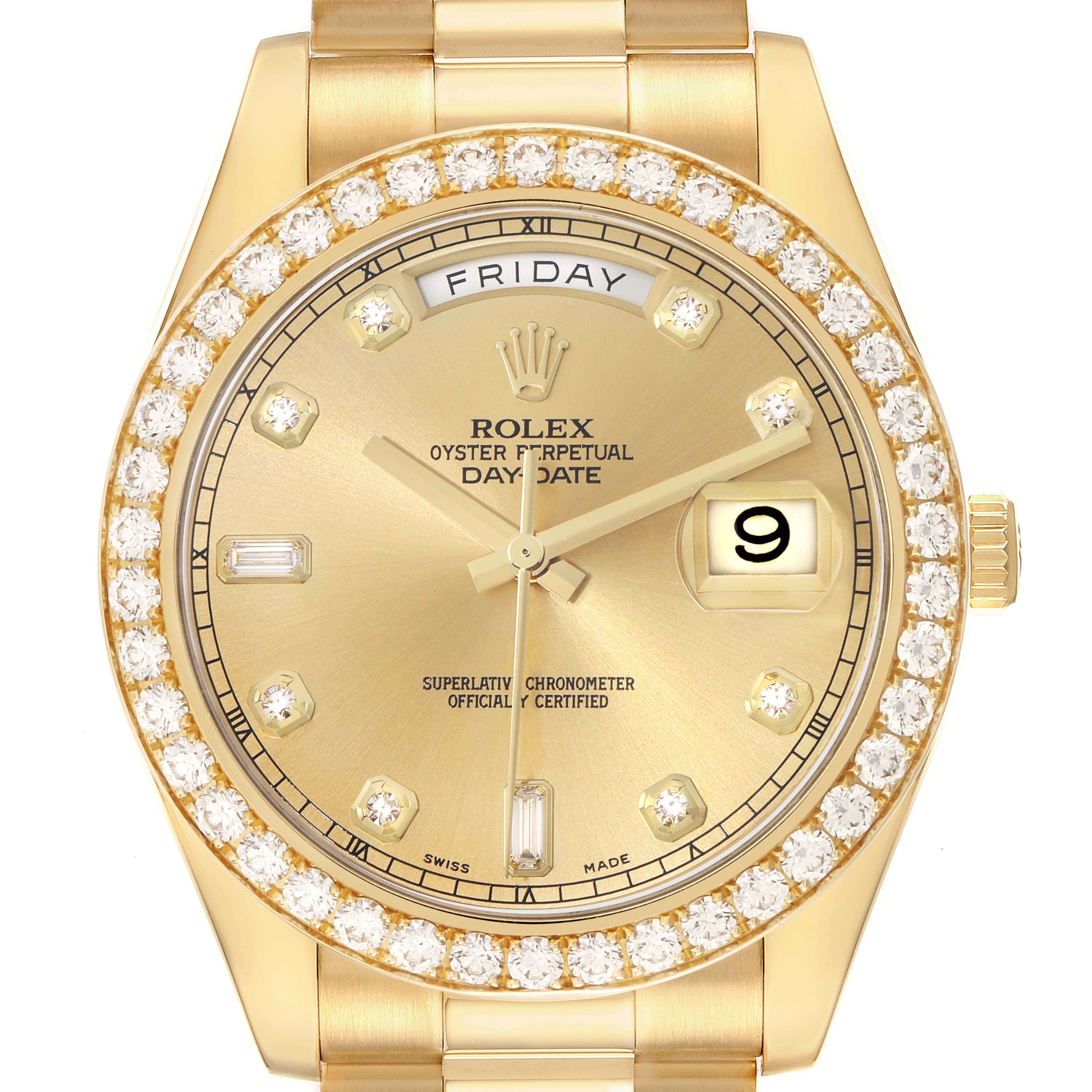 The Rolex President 218348 Men
s Yellow Gold Champagne Dial model watch is shown from a front angle, highlighting the dial, bezel, crown, and part of the bracelet.