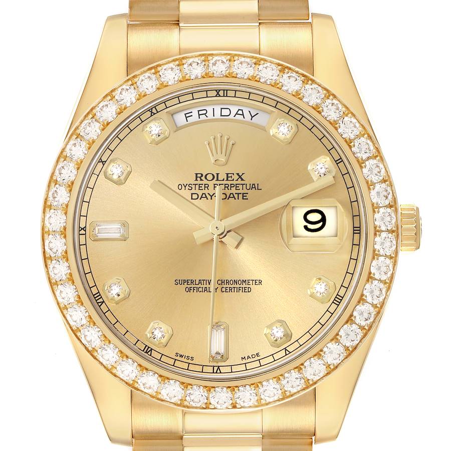 The Rolex President 218348 Men's Yellow Gold Champagne Dial model watch is shown from a front angle, highlighting the dial, bezel, crown, and part of the bracelet.