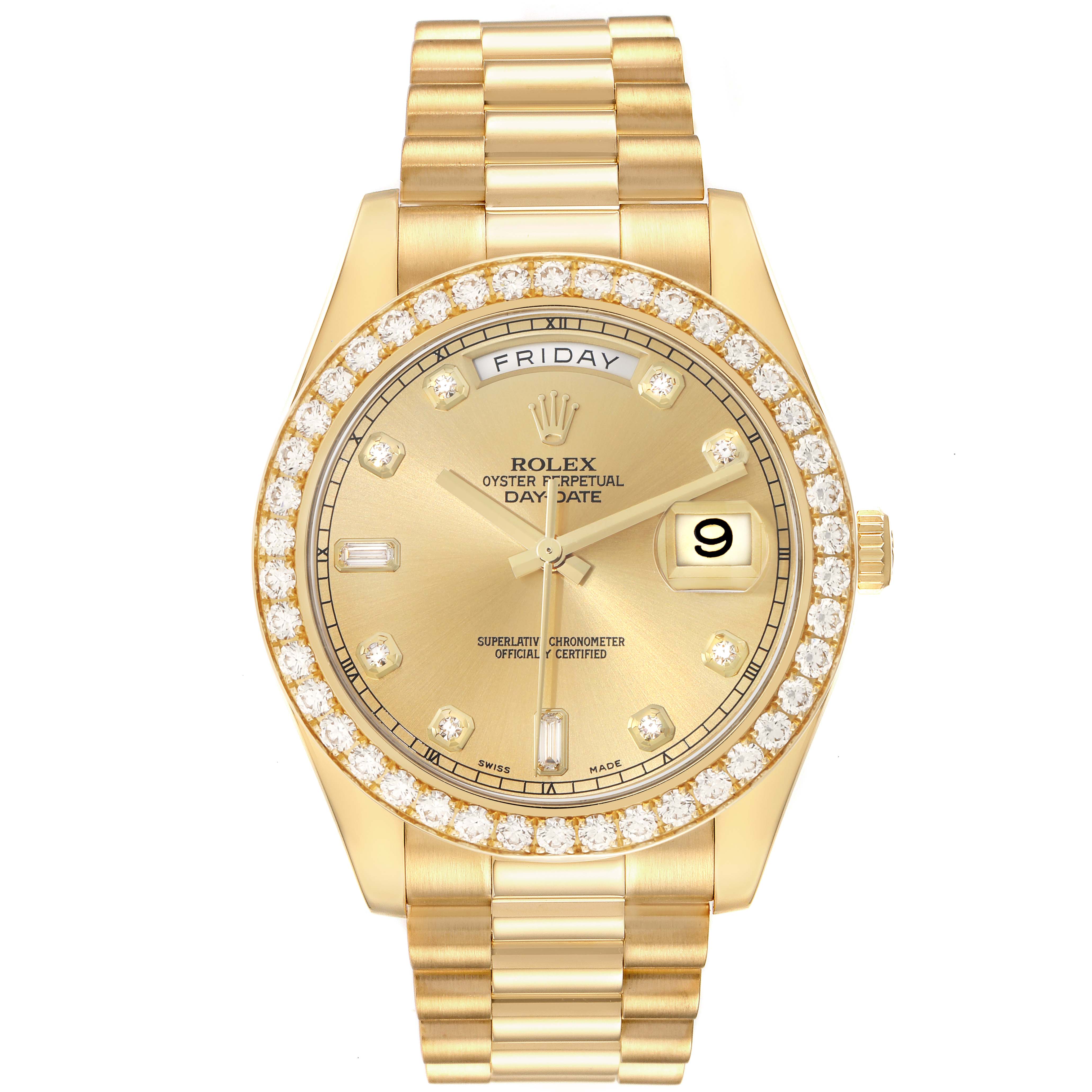 The Rolex President 218348 Men
s Yellow Gold Champagne Dial model watch is shown from a front angle, highlighting its gold bracelet, diamond bezel, and day-date display.