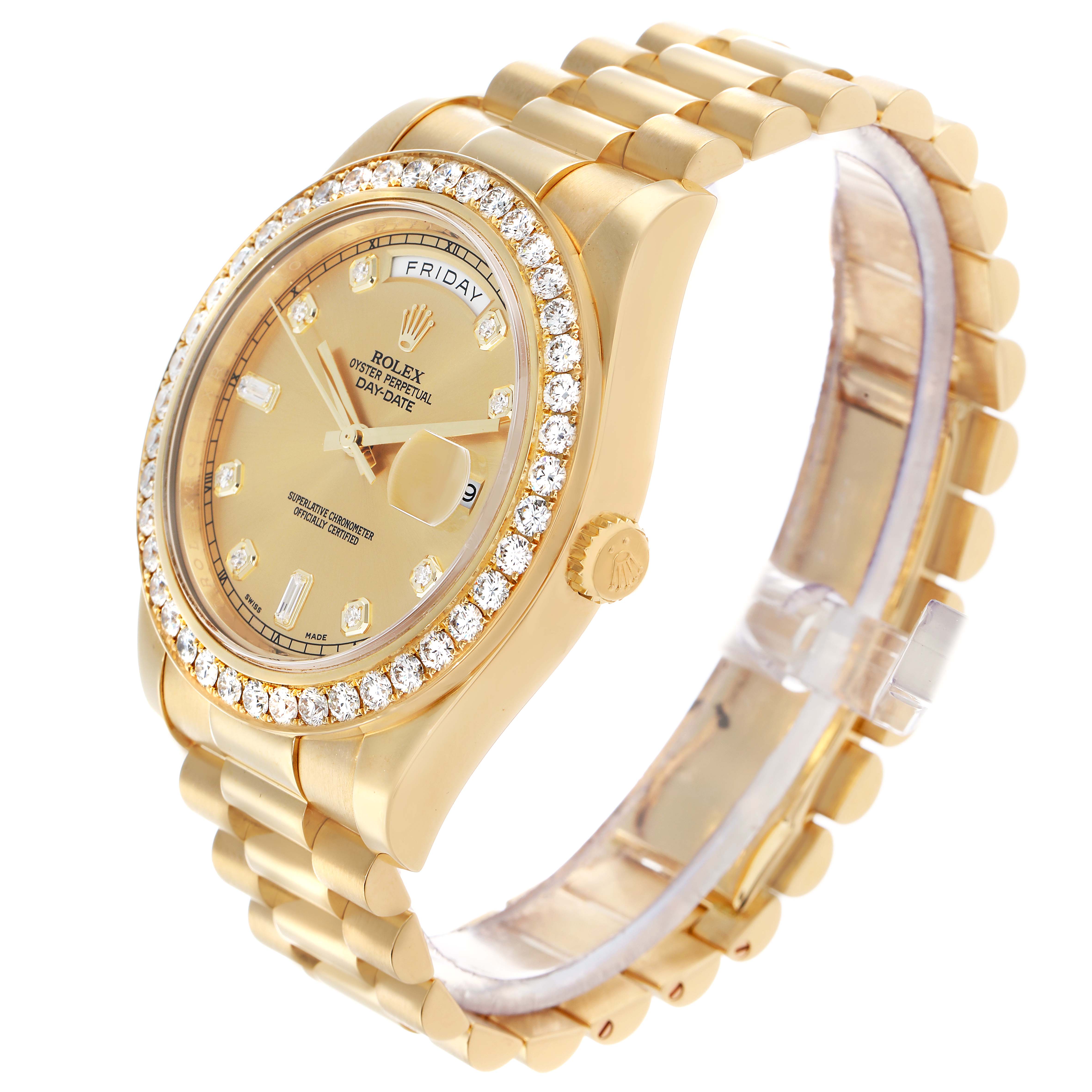 The Rolex President 218348 Men
s Yellow Gold Champagne Dial model watch is shown at a three-quarter angle, highlighting its face, diamond bezel, and bracelet.
