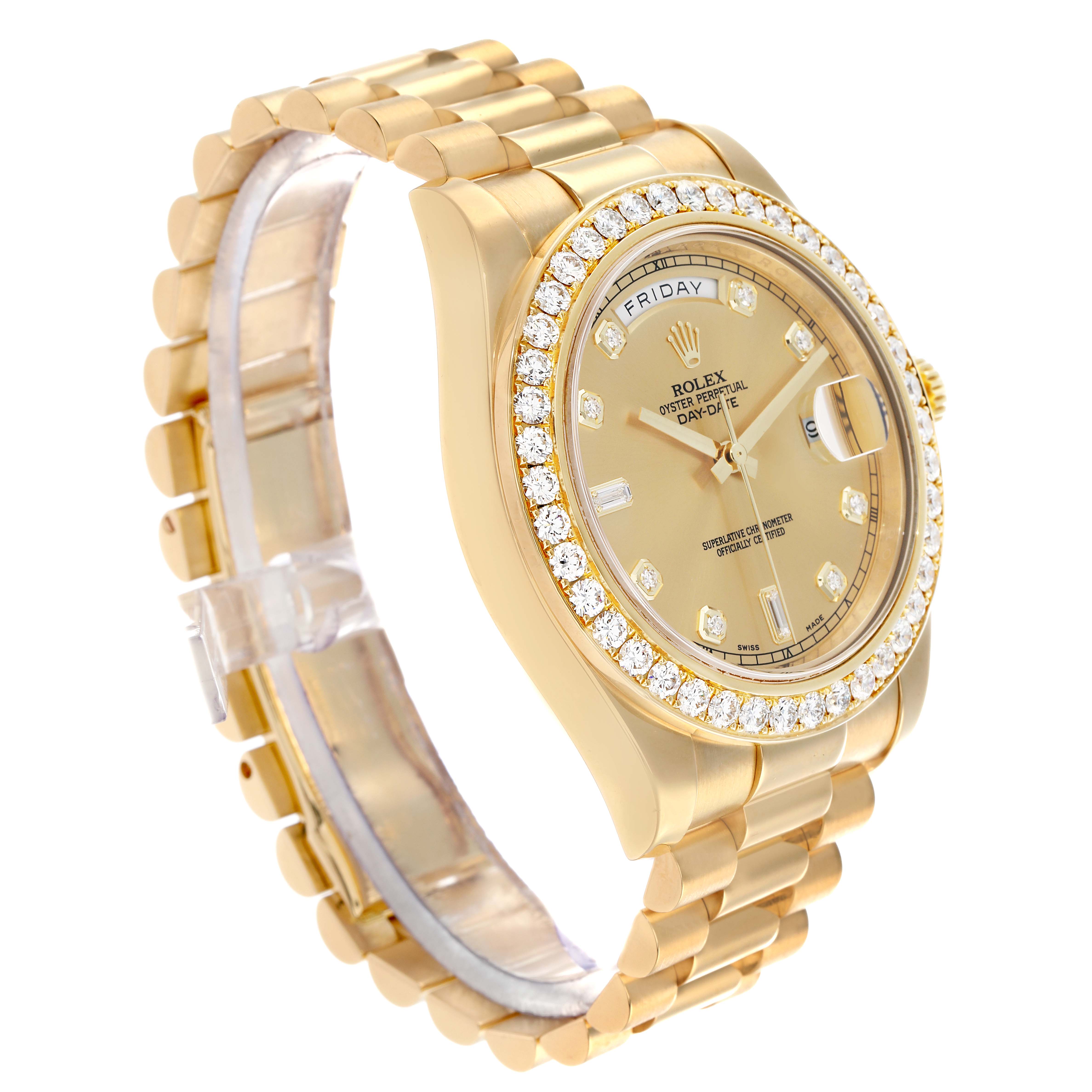 The Rolex President 218348 Men
s Yellow Gold Champagne Dial watch is shown at a three-quarter angle, highlighting the gold case, diamond bezel, dial, and bracelet.