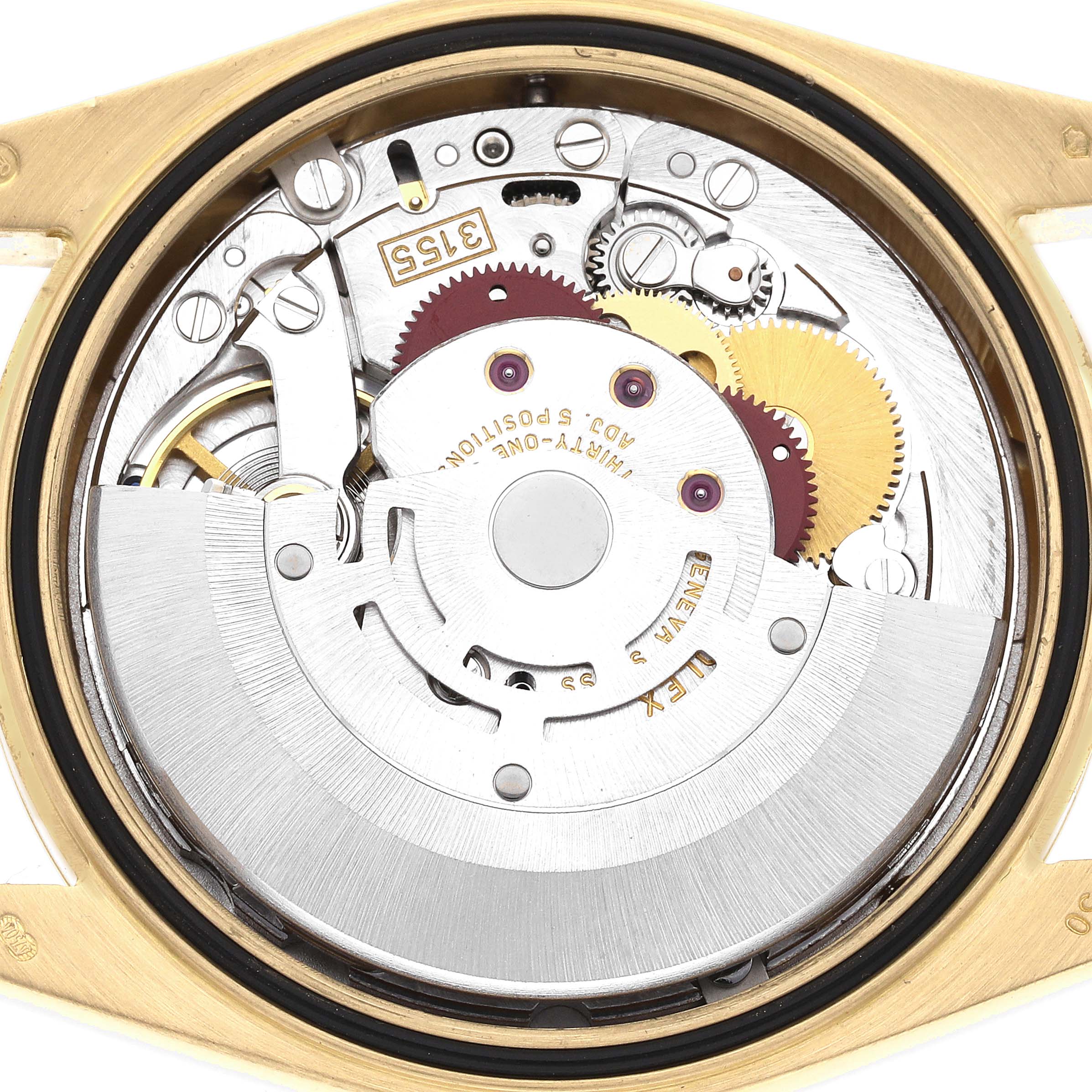 The image shows the back view of a Rolex President 118238 Men
s Yellow Gold Champagne Dial model, displaying its internal movement and gears.