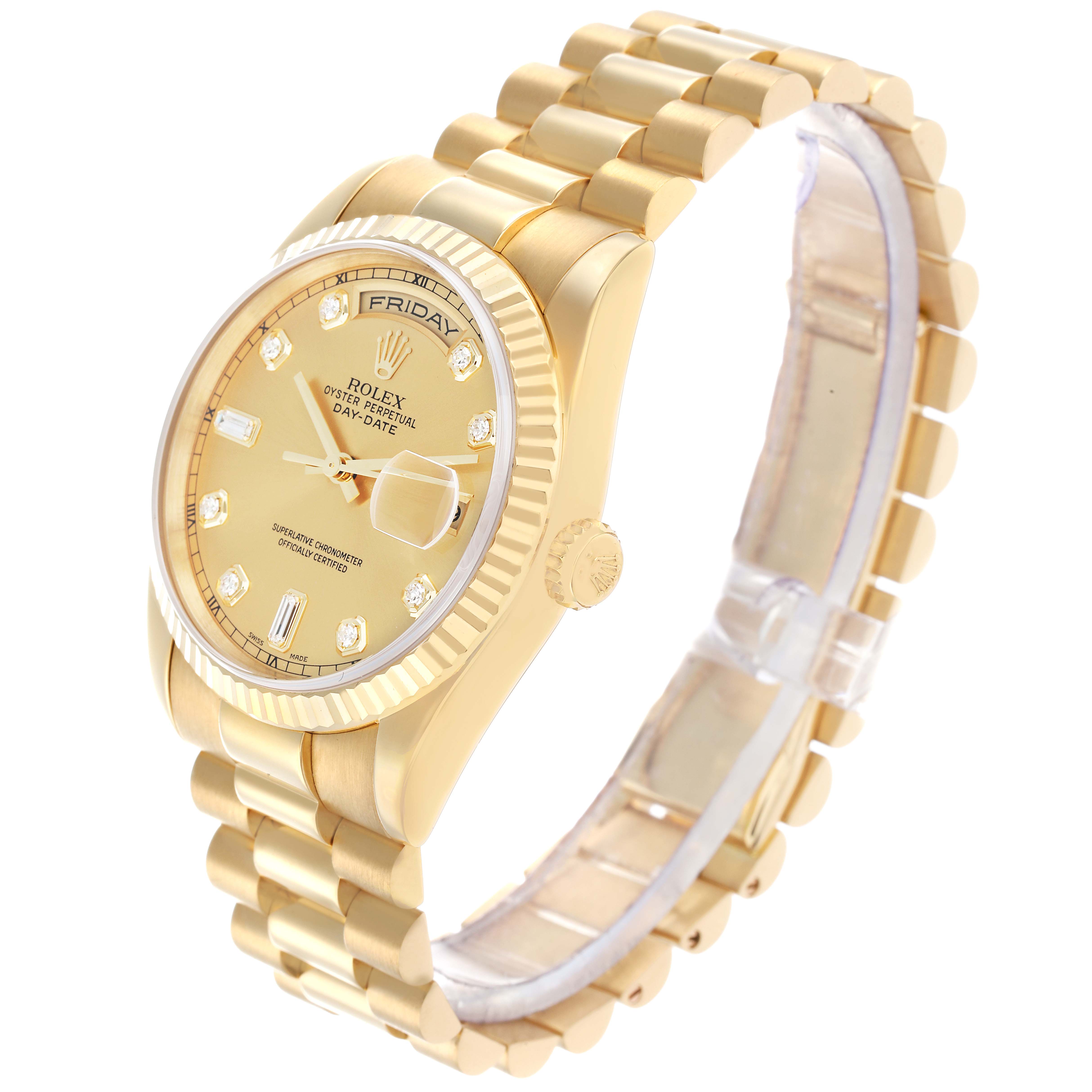 The Rolex President 118238 Men
s Yellow Gold Champagne Dial model watch is shown at an angled side view, displaying the dial, bezel, case, crown, and bracelet.