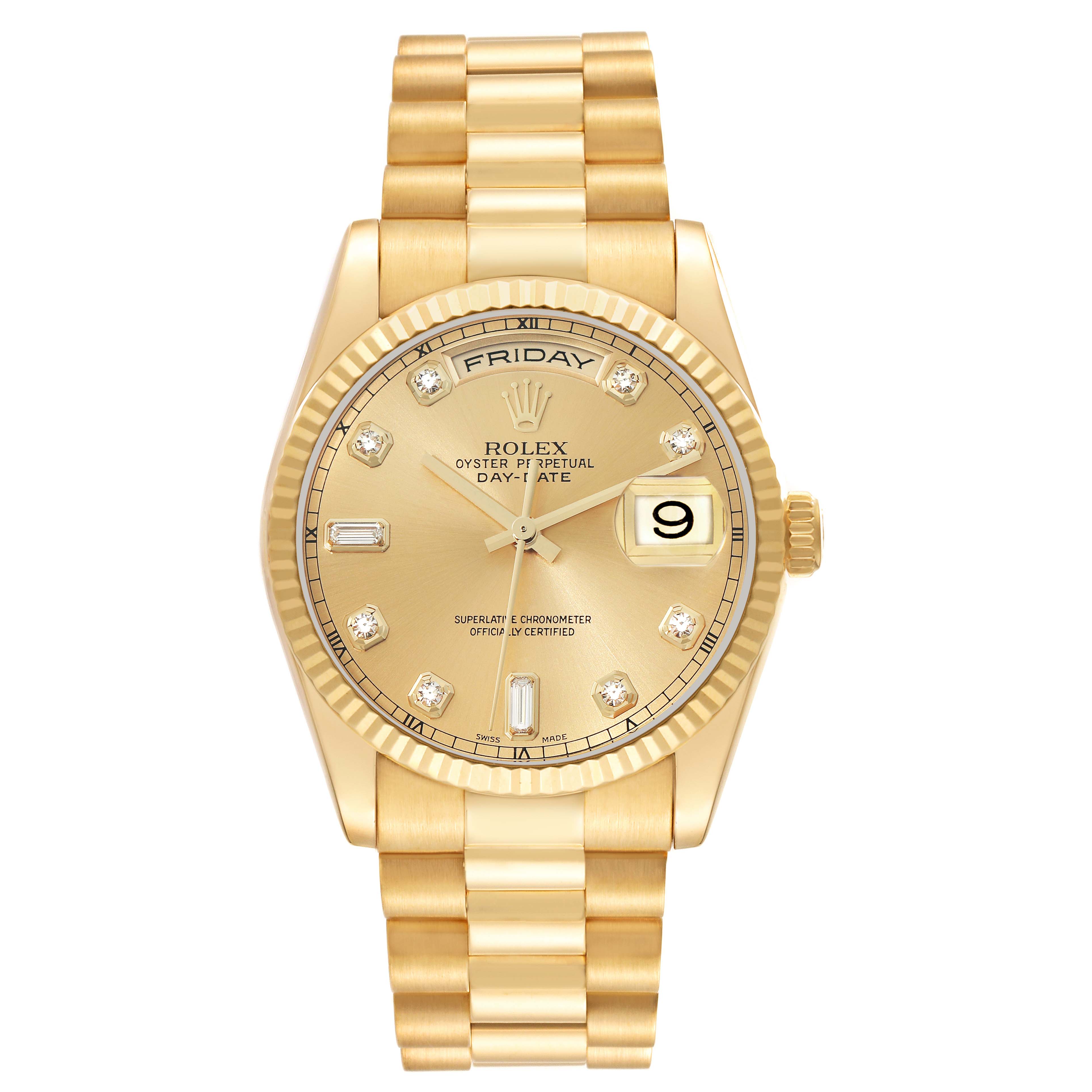 The Rolex President 118238 Men
s Yellow Gold Champagne Dial model is shown from the front, displaying the dial, fluted bezel, and bracelet.