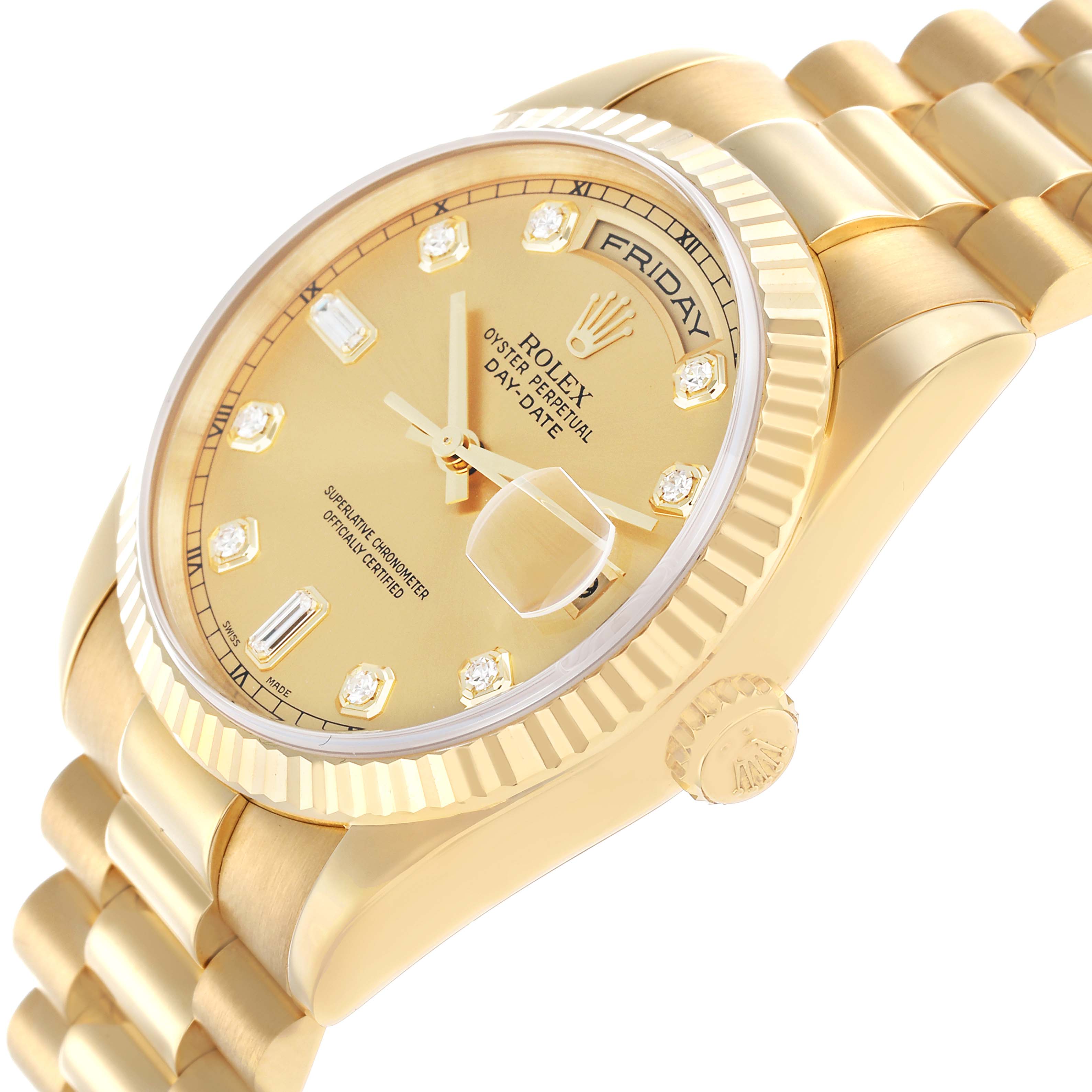 The Rolex President 118238 Men
s Yellow Gold Champagne Dial model watch is shown from a three-quarter angle, highlighting the dial, bezel, crown, and bracelet.