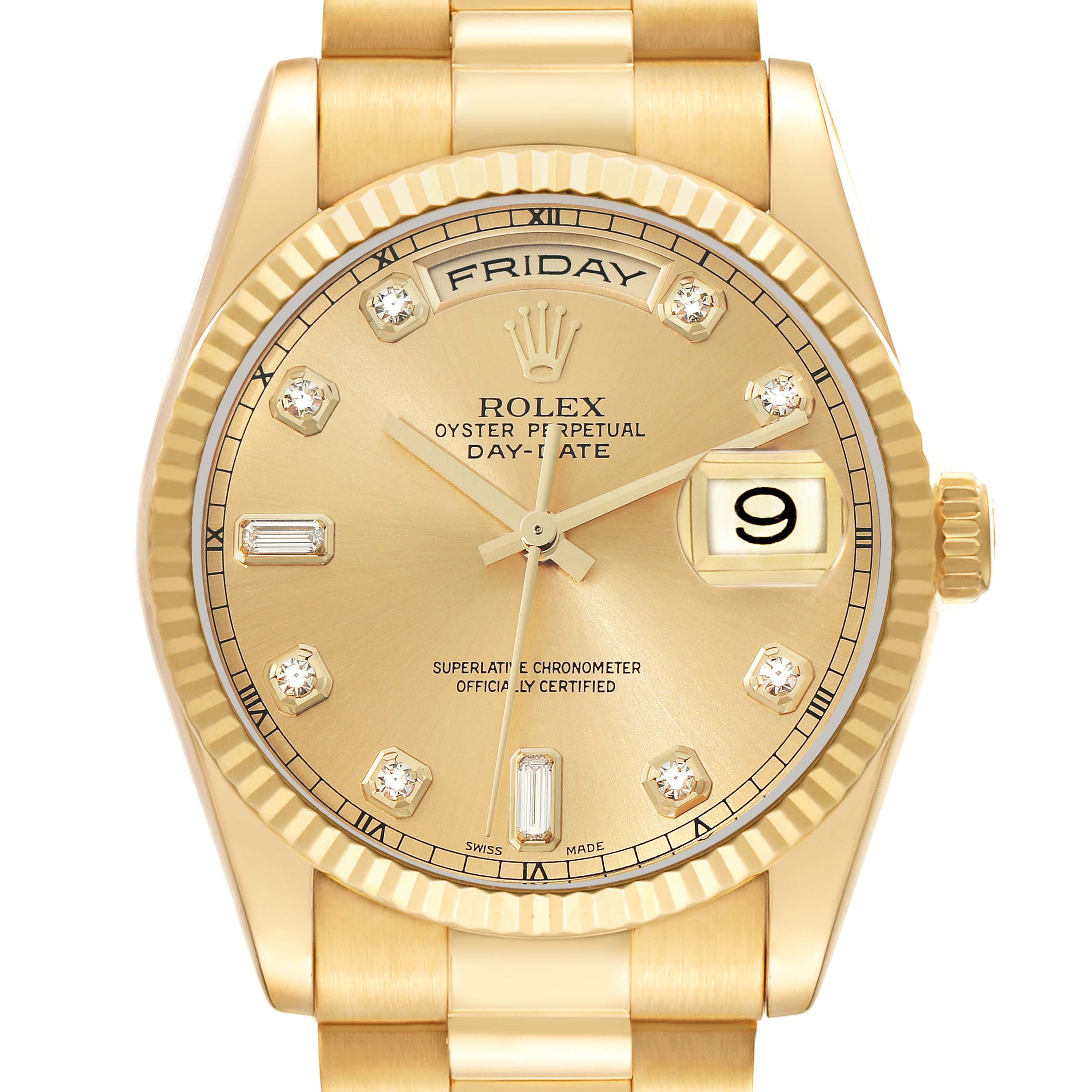 The image shows a frontal view of the Rolex President 118238 Men
s Yellow Gold Champagne Dial model watch, highlighting its gold bezel, dial, and bracelet.

