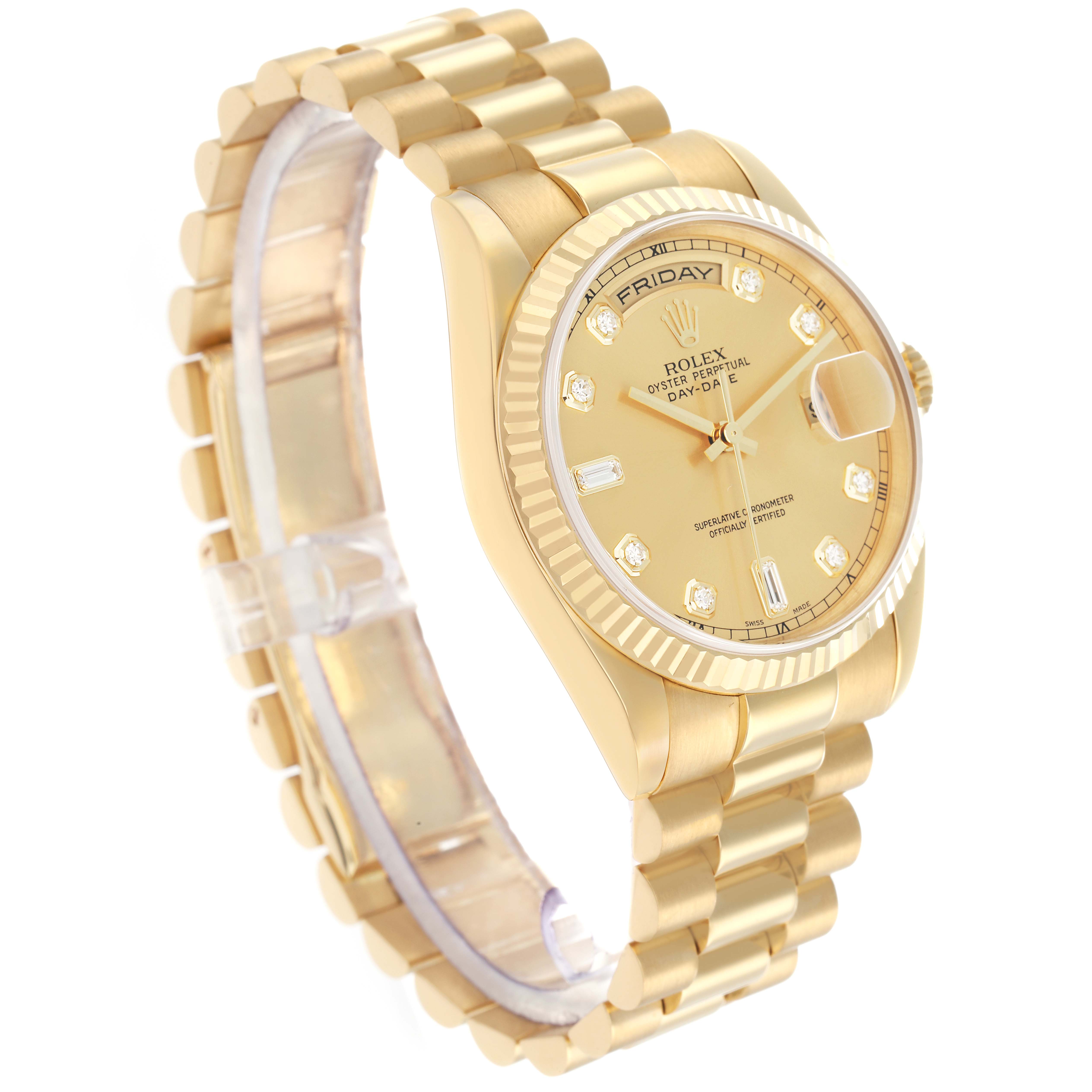 The Rolex President 118238 Men
s Yellow Gold Champagne Dial watch is shown at a three-quarter angle highlighting the dial, bezel, and bracelet.