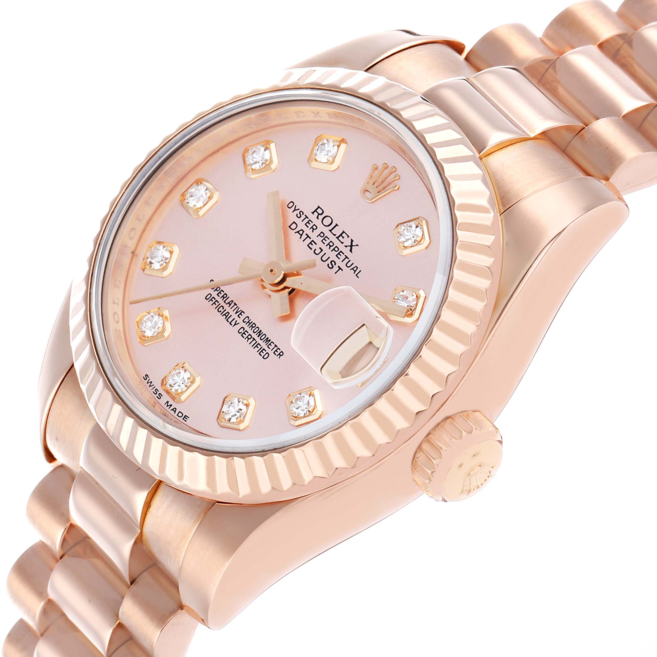 The Rolex President 179175 Women
s Rose Gold Pink Dial watch is shown at an angle highlighting its face, bezel, crown, and a portion of the bracelet.