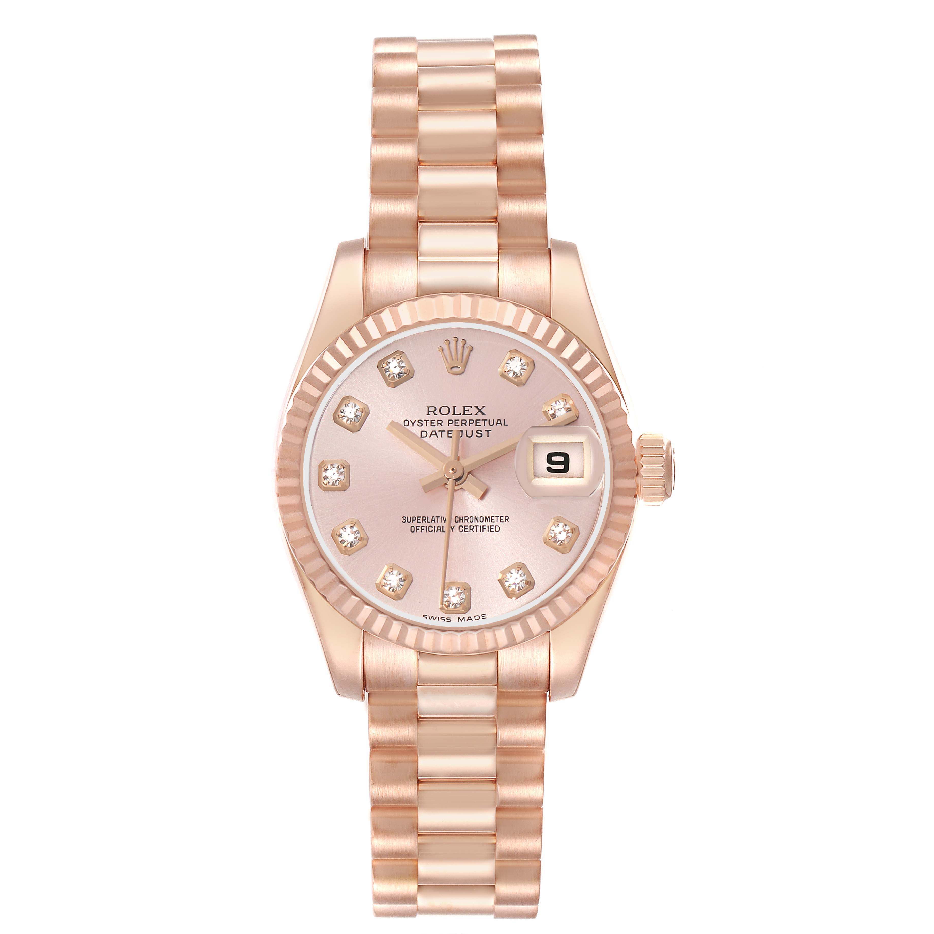 The image shows a frontal view of a Rolex President 179175 Women
s Rose Gold Pink Dial model watch, highlighting the dial, bezel, bracelet, and date window.