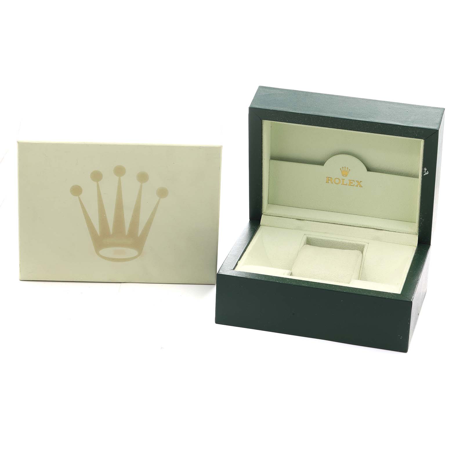 The image shows a Rolex President 179175 Women
s Rose Gold Pink Dial watch box and outer packaging at a slight angle, presenting the interior and logo.