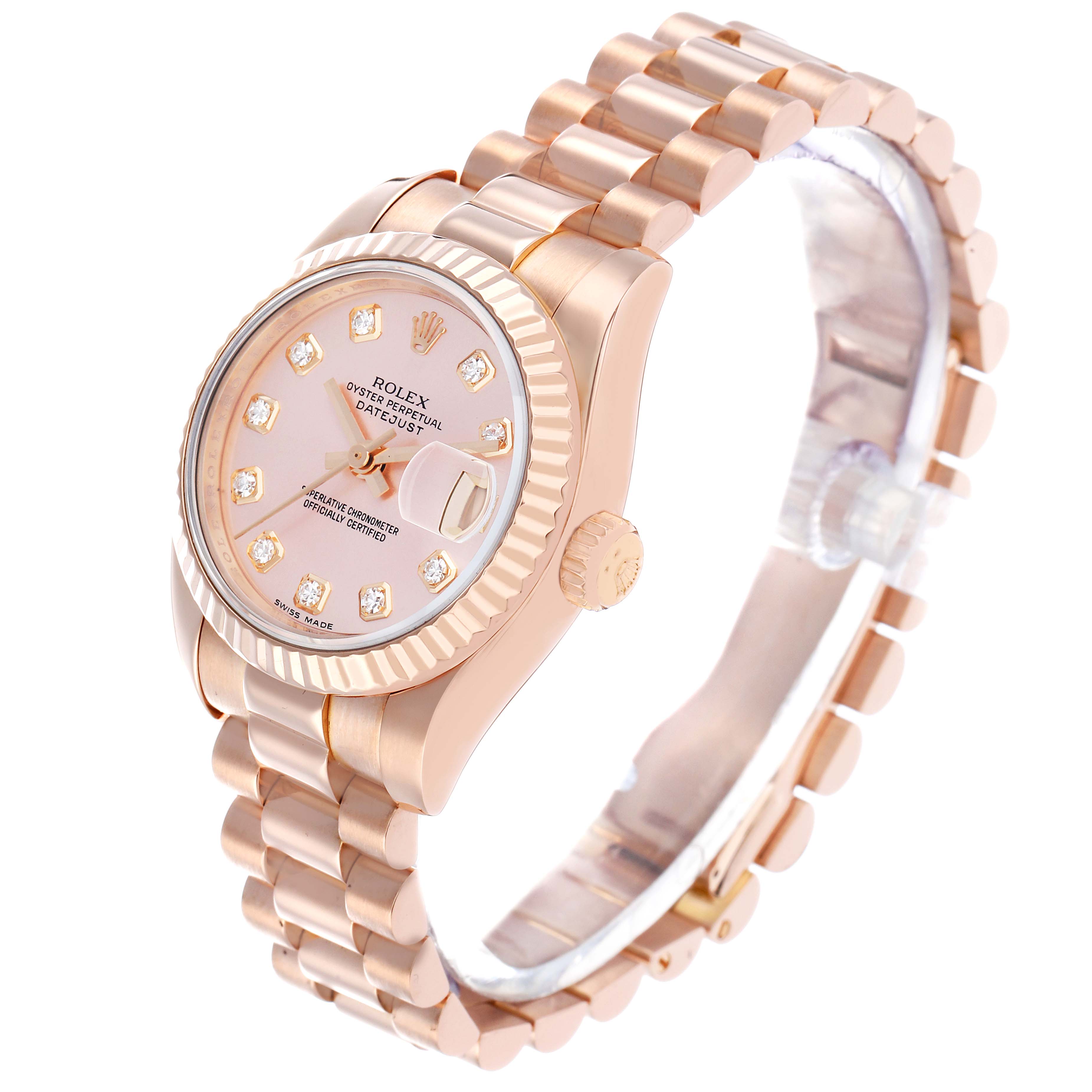 The Rolex President 179175 Women
s Rose Gold Pink Dial watch is shown at an angled view, displaying the rose gold bracelet, diamond hour markers, and fluted bezel.