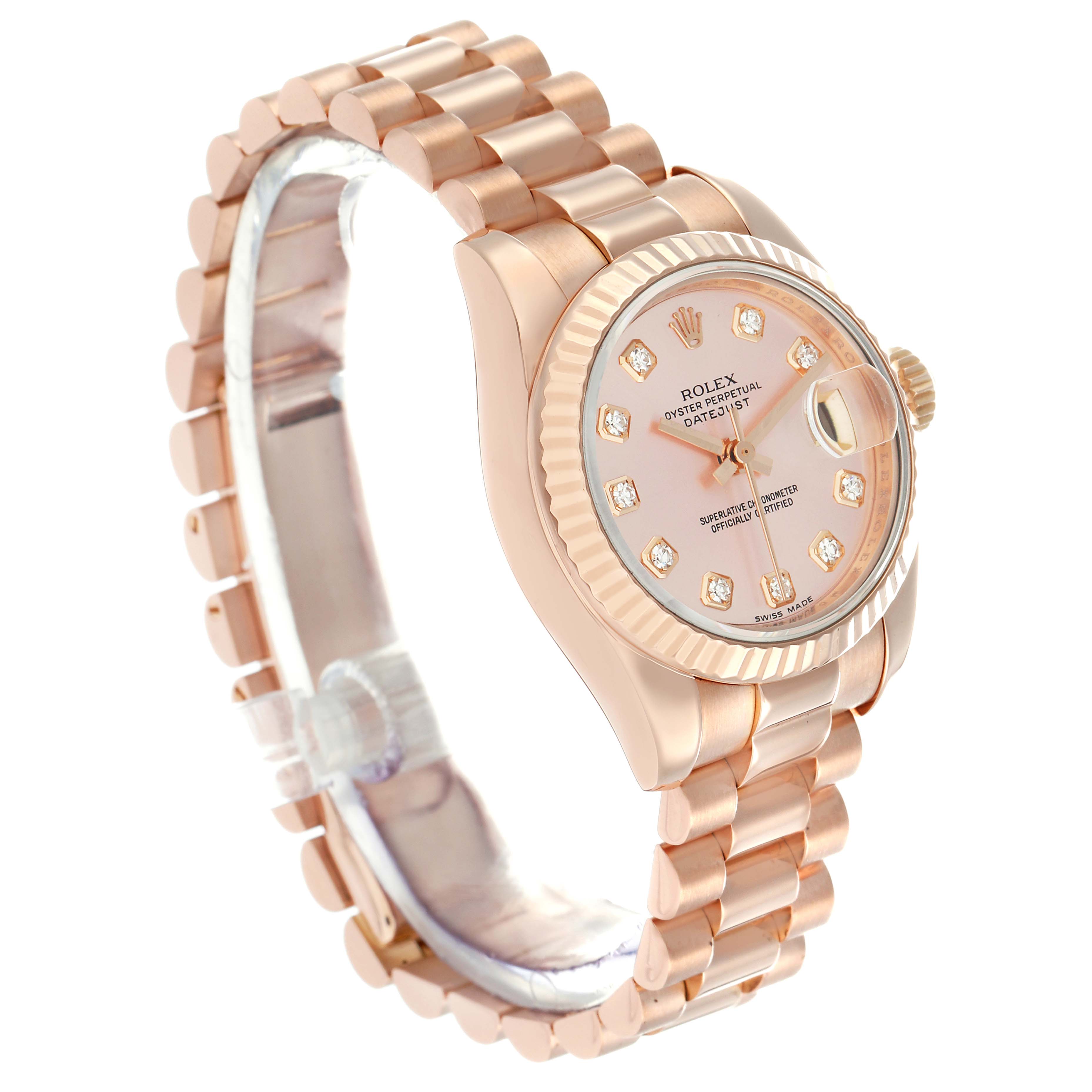 The Rolex President 179175 Women
s Rose Gold Pink Dial watch is shown at a slight angle, displaying the bracelet, face with diamond markers, bezel, and crown.