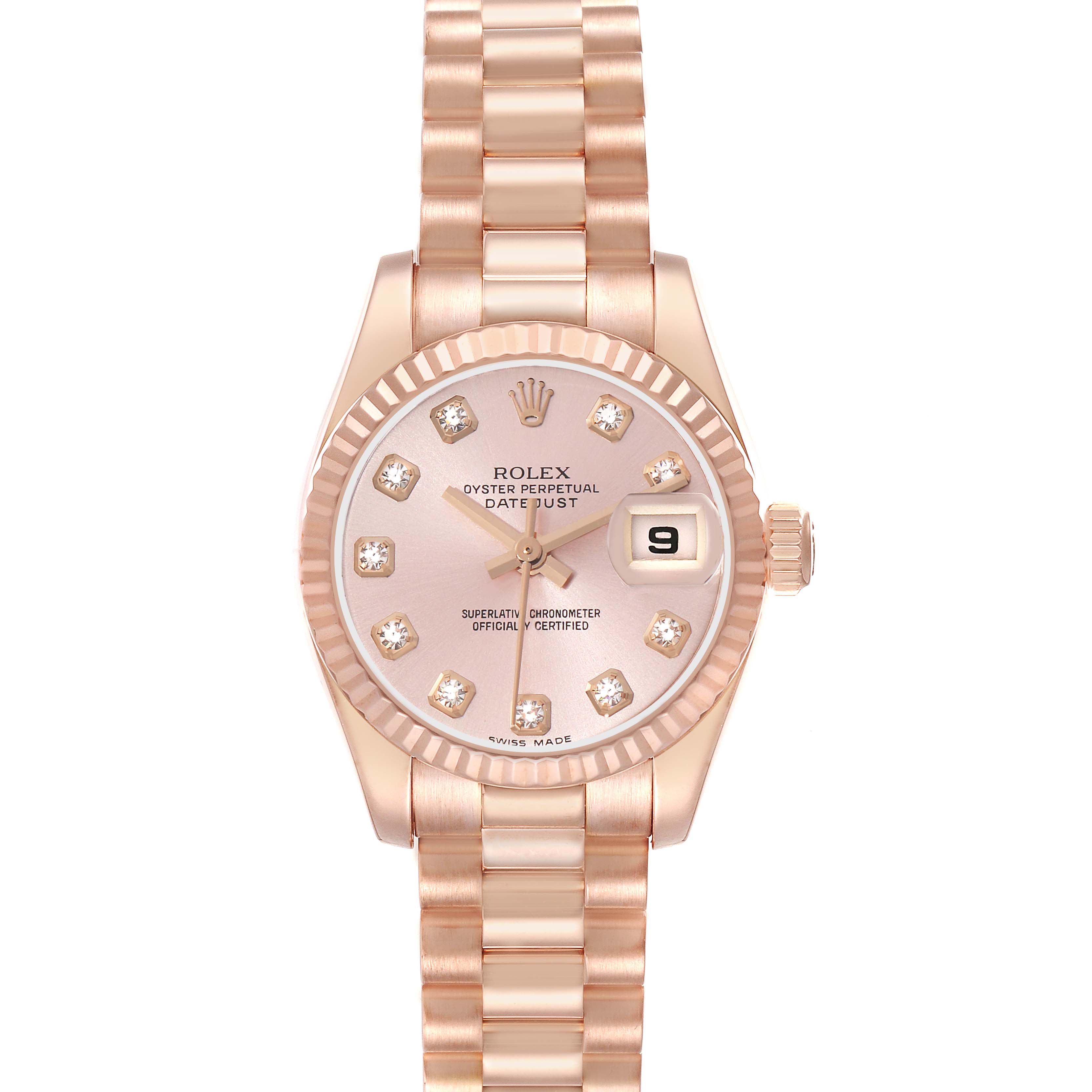 The Rolex President 179175 Women
s Rose Gold Pink Dial model is shown from the front, highlighting its dial, fluted bezel, and bracelet.
