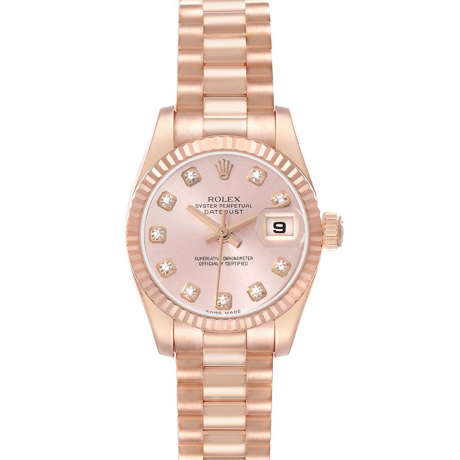 The Rolex President 179175 Women's Rose Gold Pink Dial model is shown from the front, highlighting its dial, fluted bezel, and bracelet.