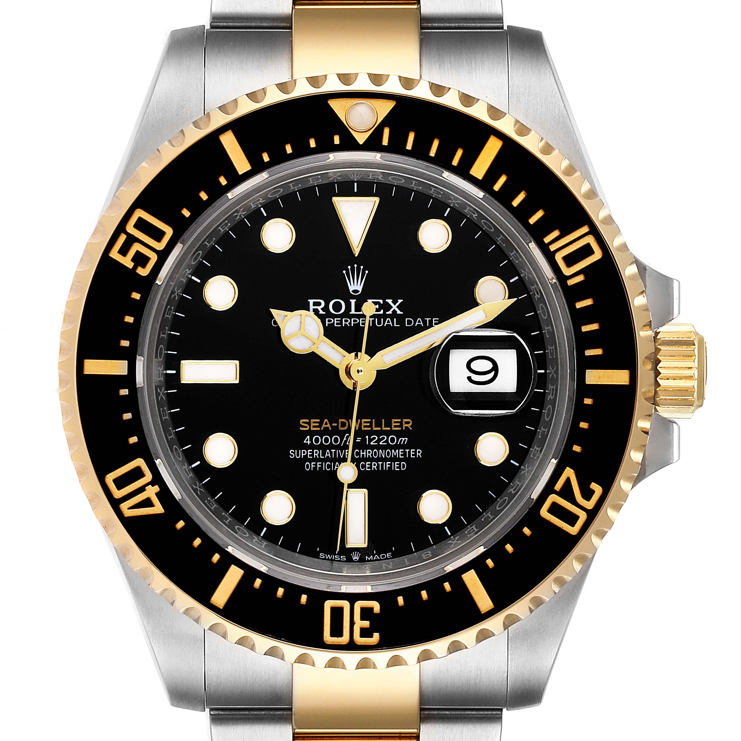 The image shows a front view of a Rolex Sea-Dweller 126603 Men
s Steel and Gold (two tone) Black Dial 126603 Men
s Steel and Gold (two tone) Black Dial watch, highlighting the black dial, date window, and two-tone bezel.